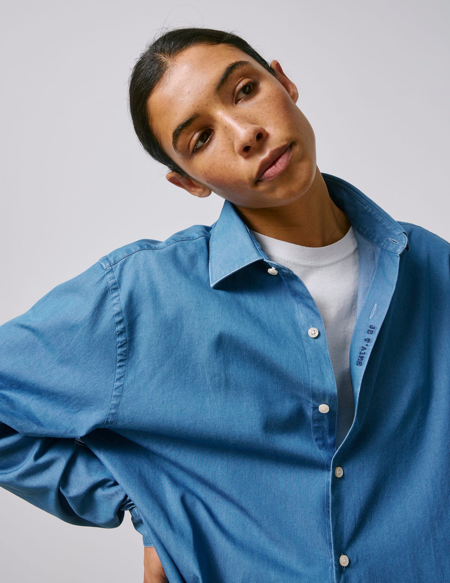 Chemise mixte "Je t'aime" en denim - Denim - Col Figaret#12