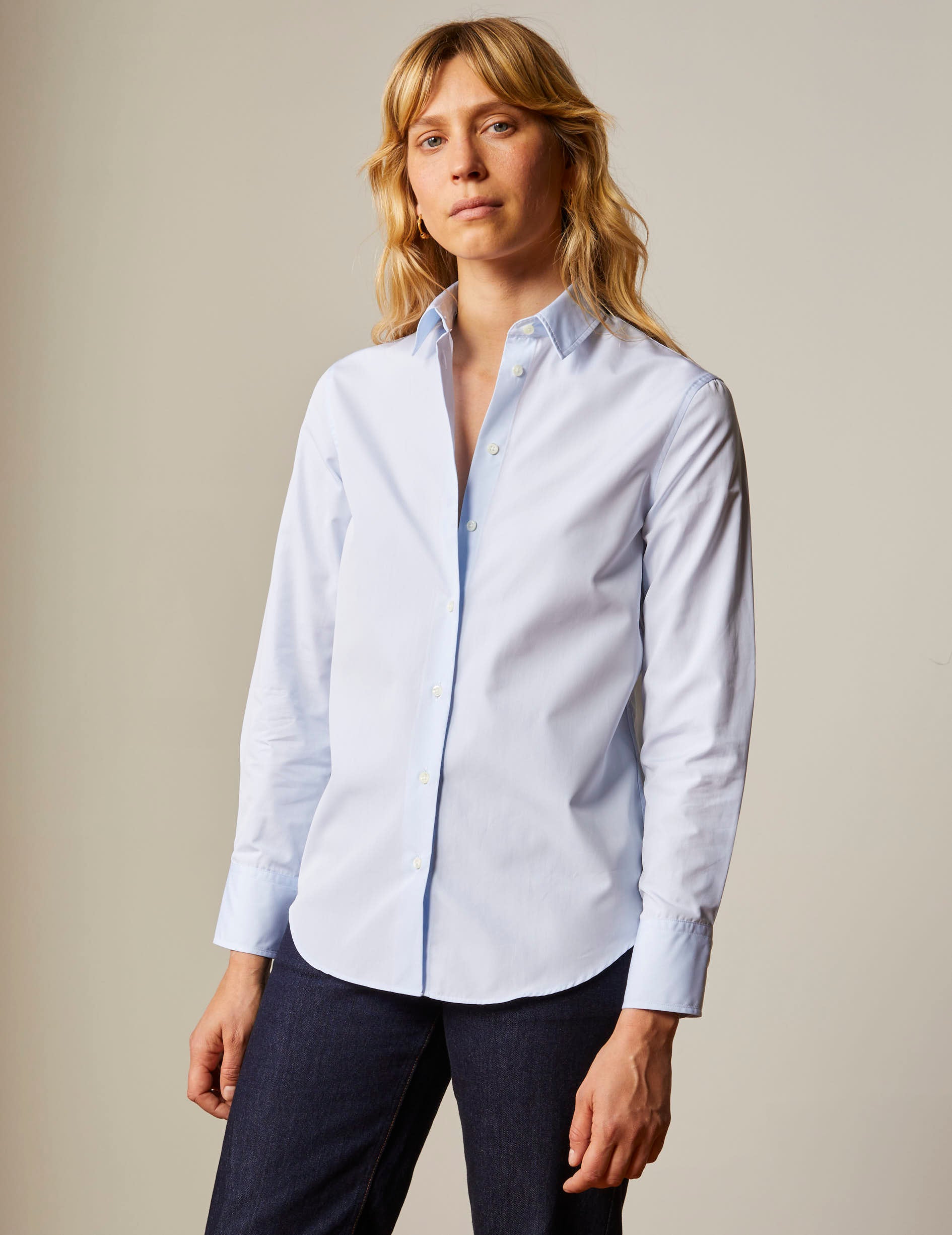 Chemise semi-ajustée bleue - Popeline - Col Italien Chemise semi-ajustée bleue - Popeline - Col Italien