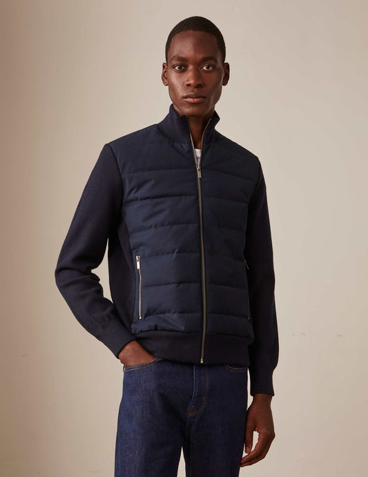 Elie bi-material jacket in navy wool and cotton