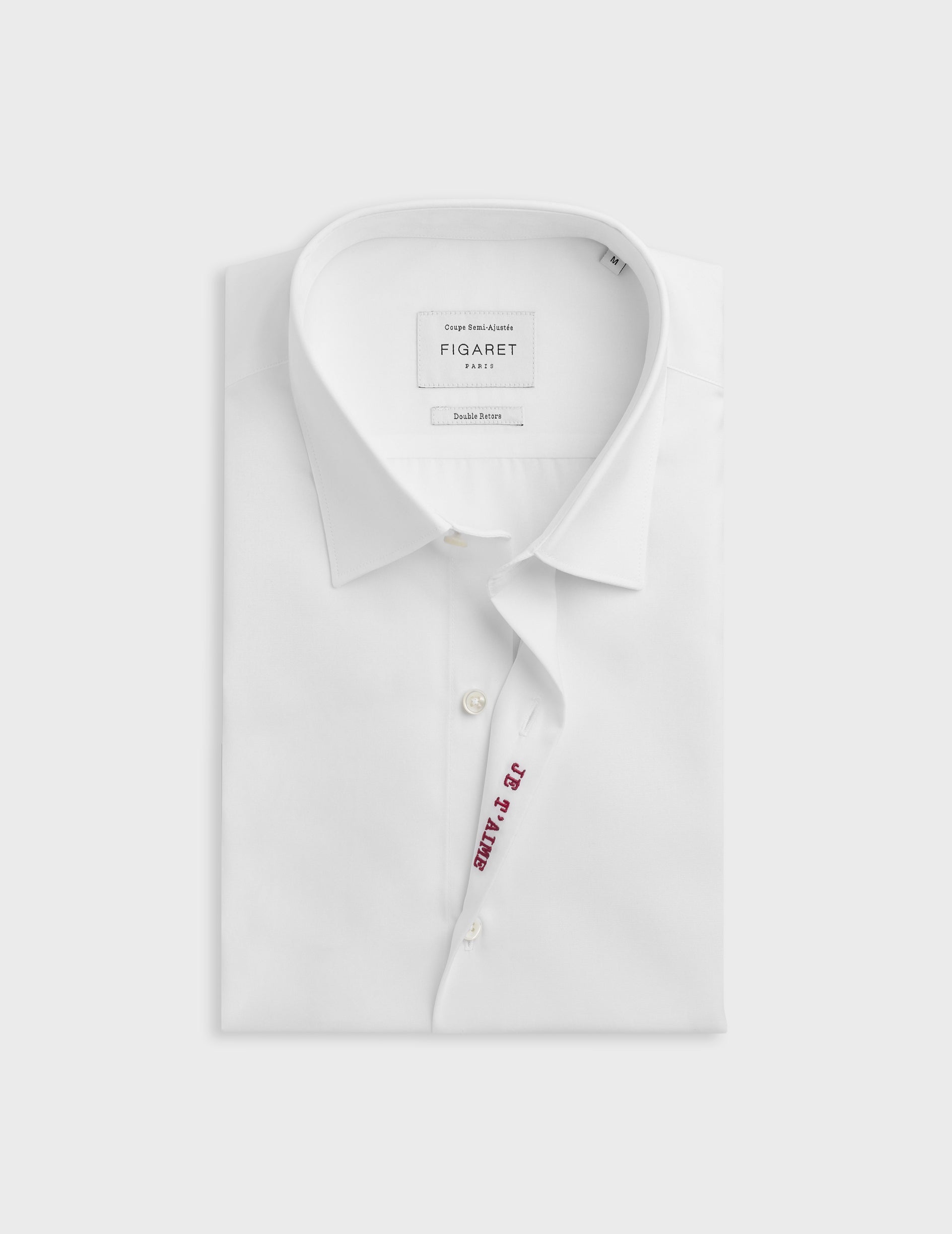 "Je t'aime" white shirt embroidered in red - Poplin - Figaret Collar