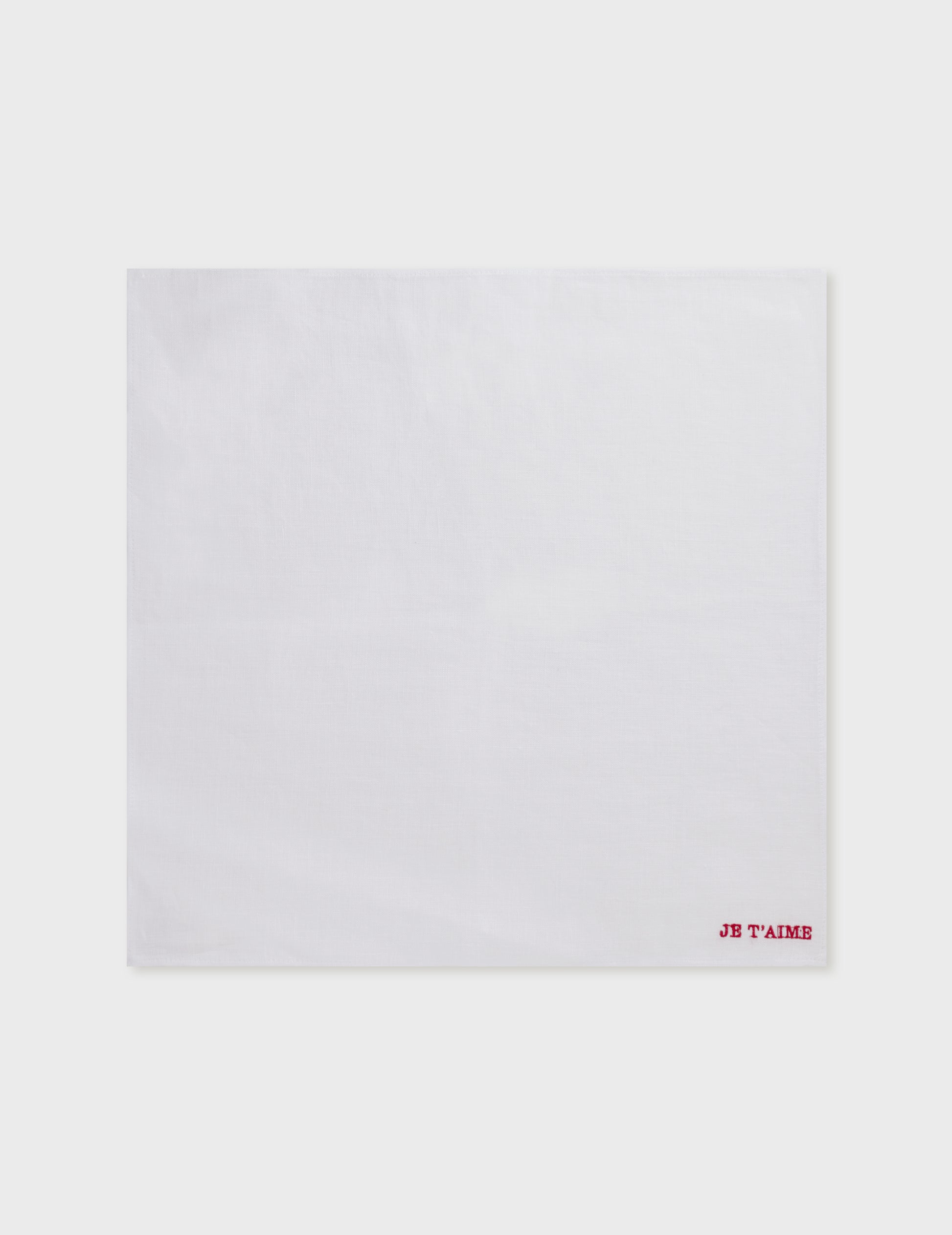 White "Je t'aime" pocket square with red embroidery