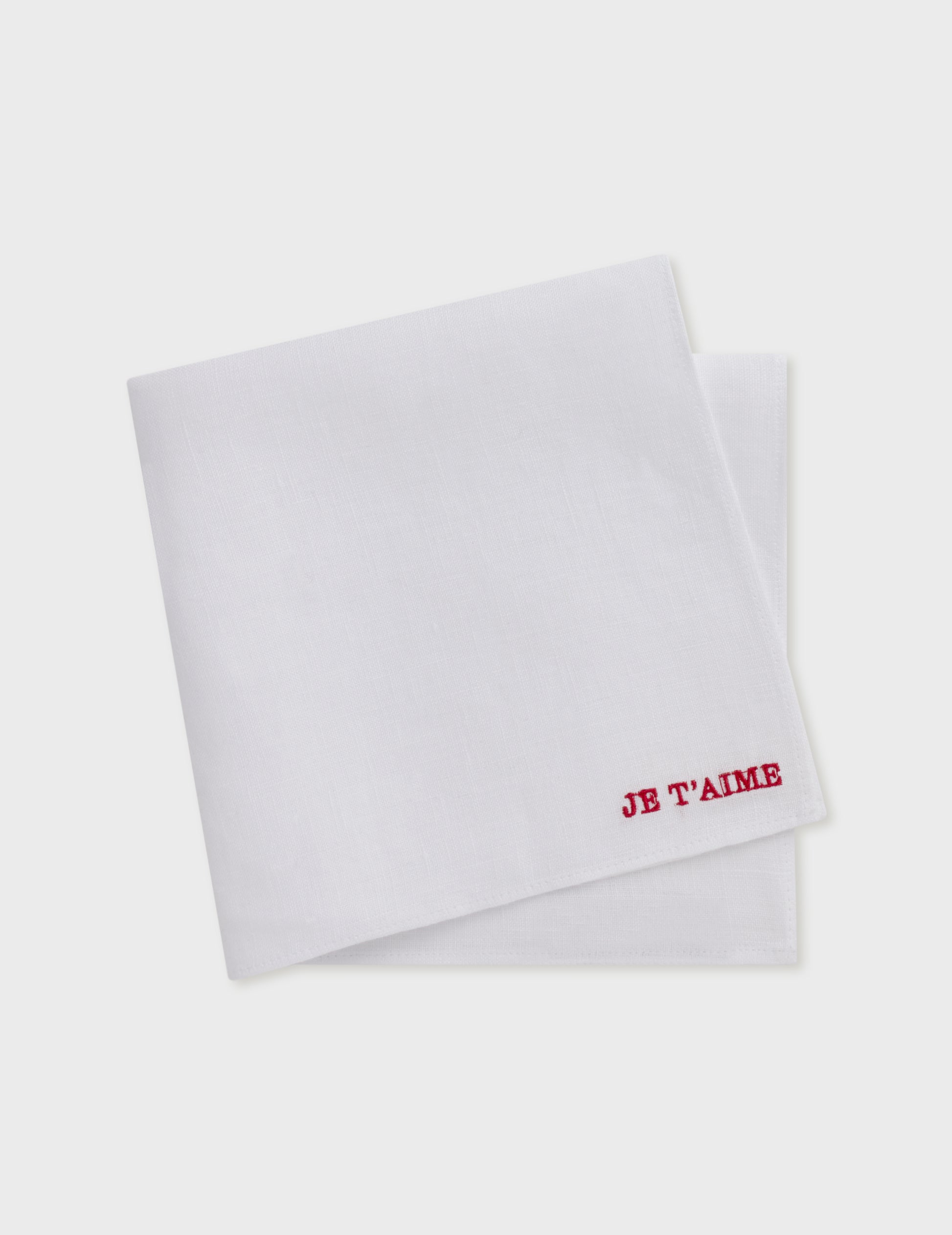 White "Je t'aime" pocket square with red embroidery