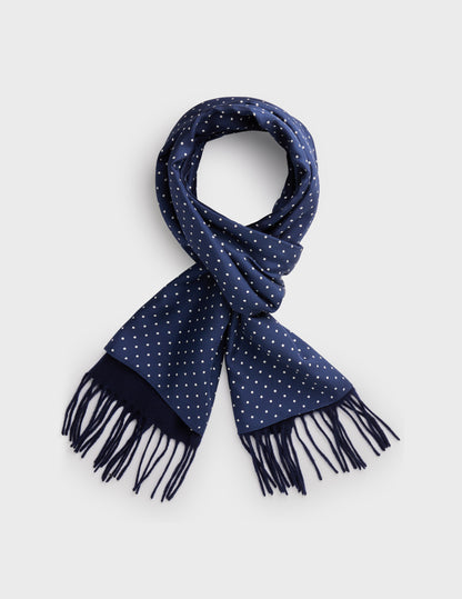 Double-sided navy wool and silk scarf with polka dots