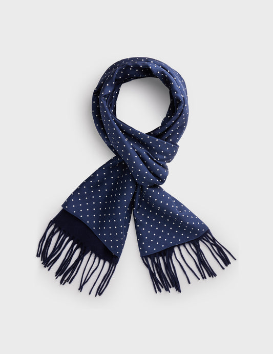Double-faced wool and silk navy scarf with polka dots