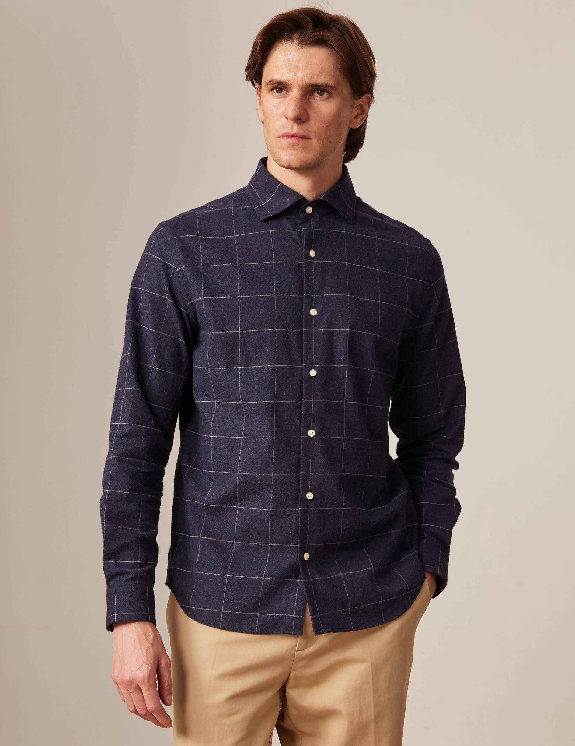 Navy cotton cashmere Aristote shirt - Flannel - Italian Collar