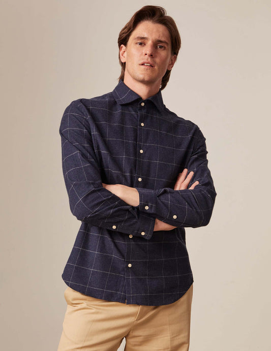 Aristotle shirt in navy cashmere cotton - Flannel - Italian Collar