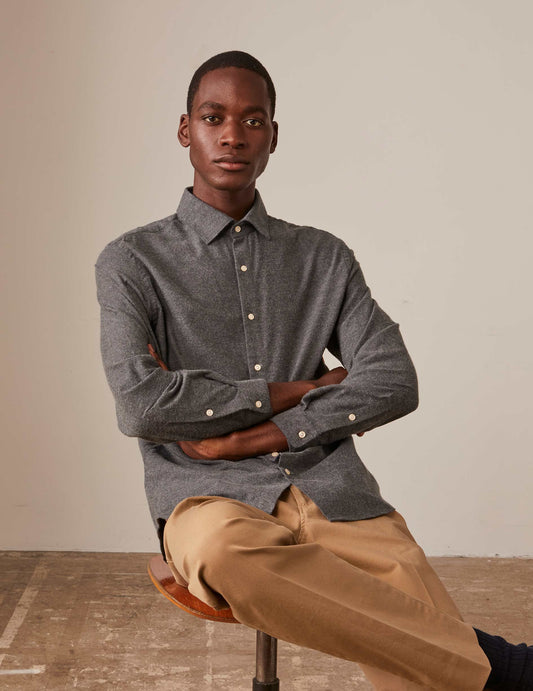 Auguste shirt in gray cashmere cotton - Flannel - French Collar