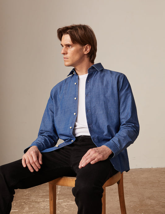 August shirt in blue denim - Chambray - French Collar