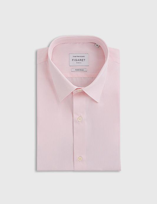 Chemise semi-ajustée rayée rose - Popeline - Col Figaret - Poignets Mousquetaires