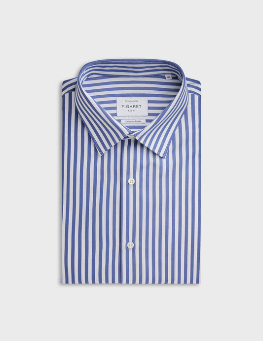 Fitted navy striped wrinkle-resistant shirt - Poplin - Figaret Collar