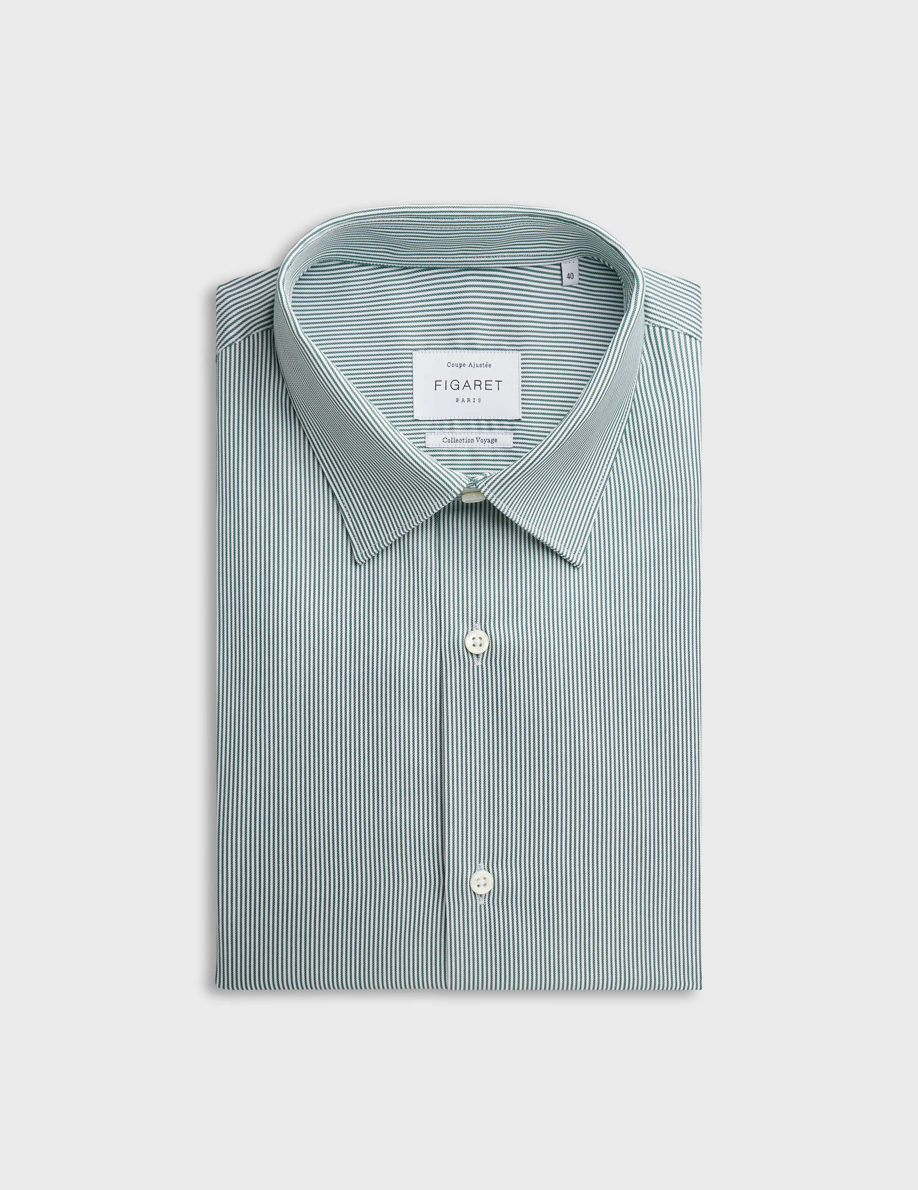 Fitted green striped wrinkle-free shirt - Twill - Figaret Collar