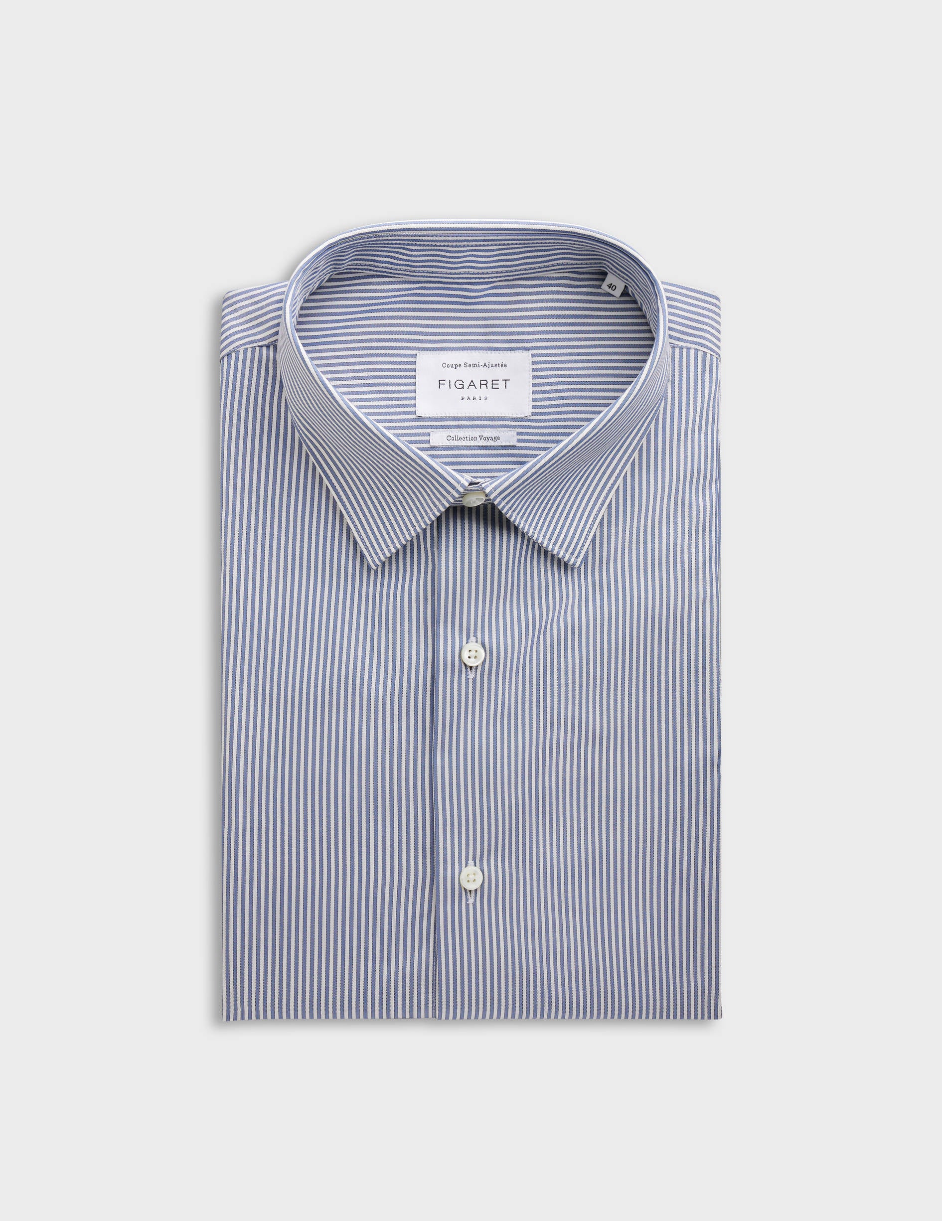 Semi-fitted blue striped wrinkle-free shirt - Poplin - Figaret Collar