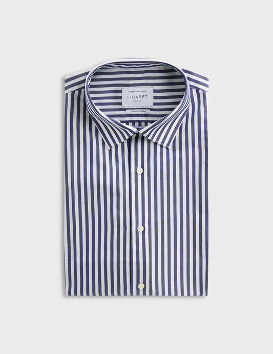 Navy striped wrinkle-resistant semi-fitted shirt - Poplin - Figaret Collar