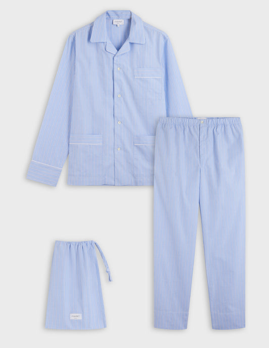 Pyjama louis en popeline rayée bleue