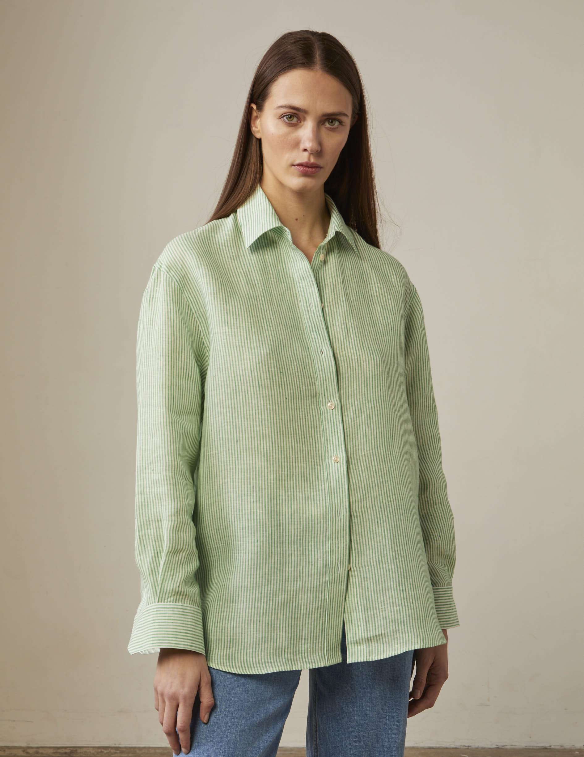 Delina oversized green linen striped shirt - Linen - Shirt Collar