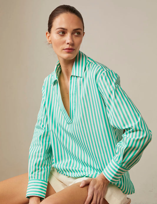Striped light green Harmelle blouse - Poplin - V Collar