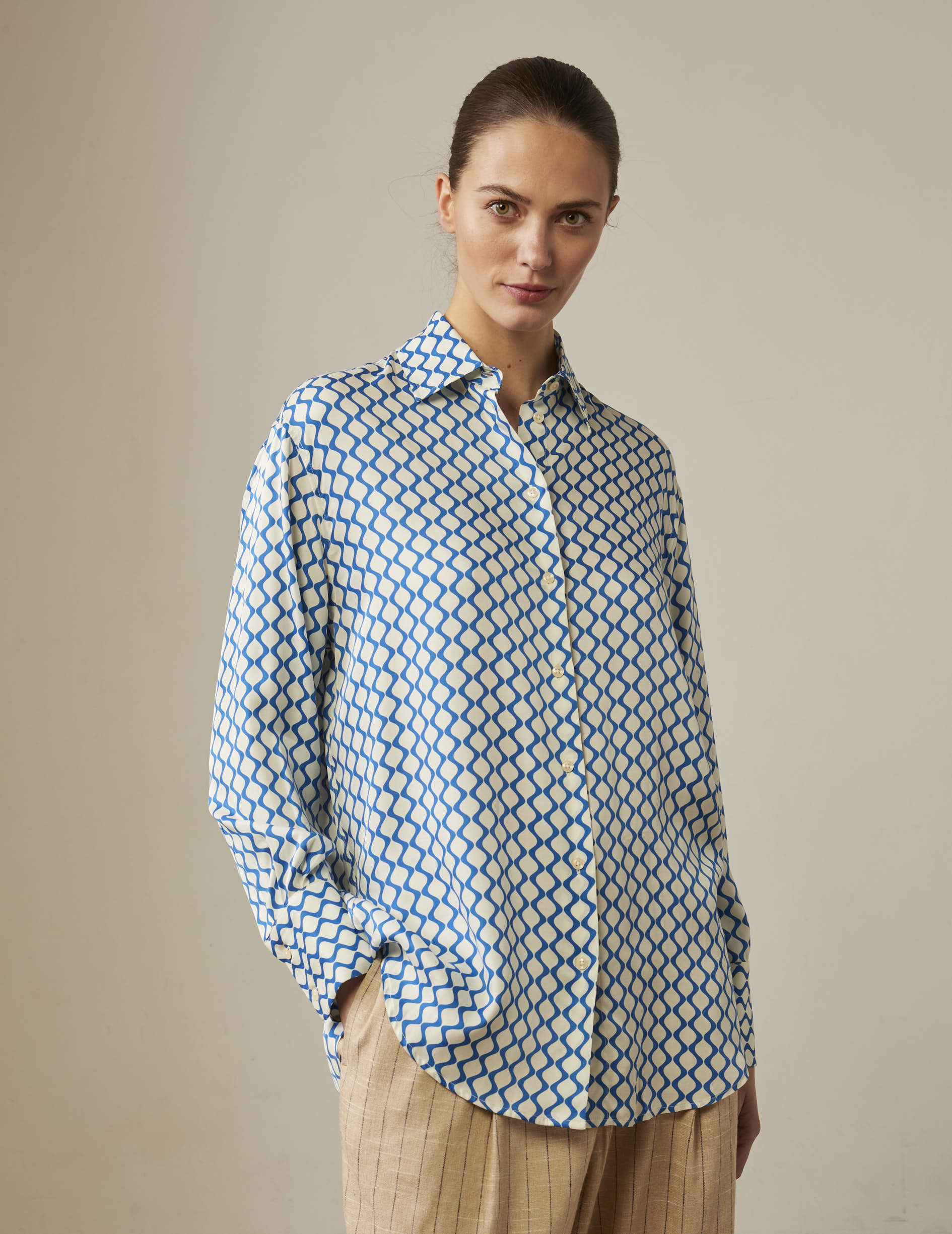 Oversized printed blue Mathilde shirt - Viscose - Shirt Collar