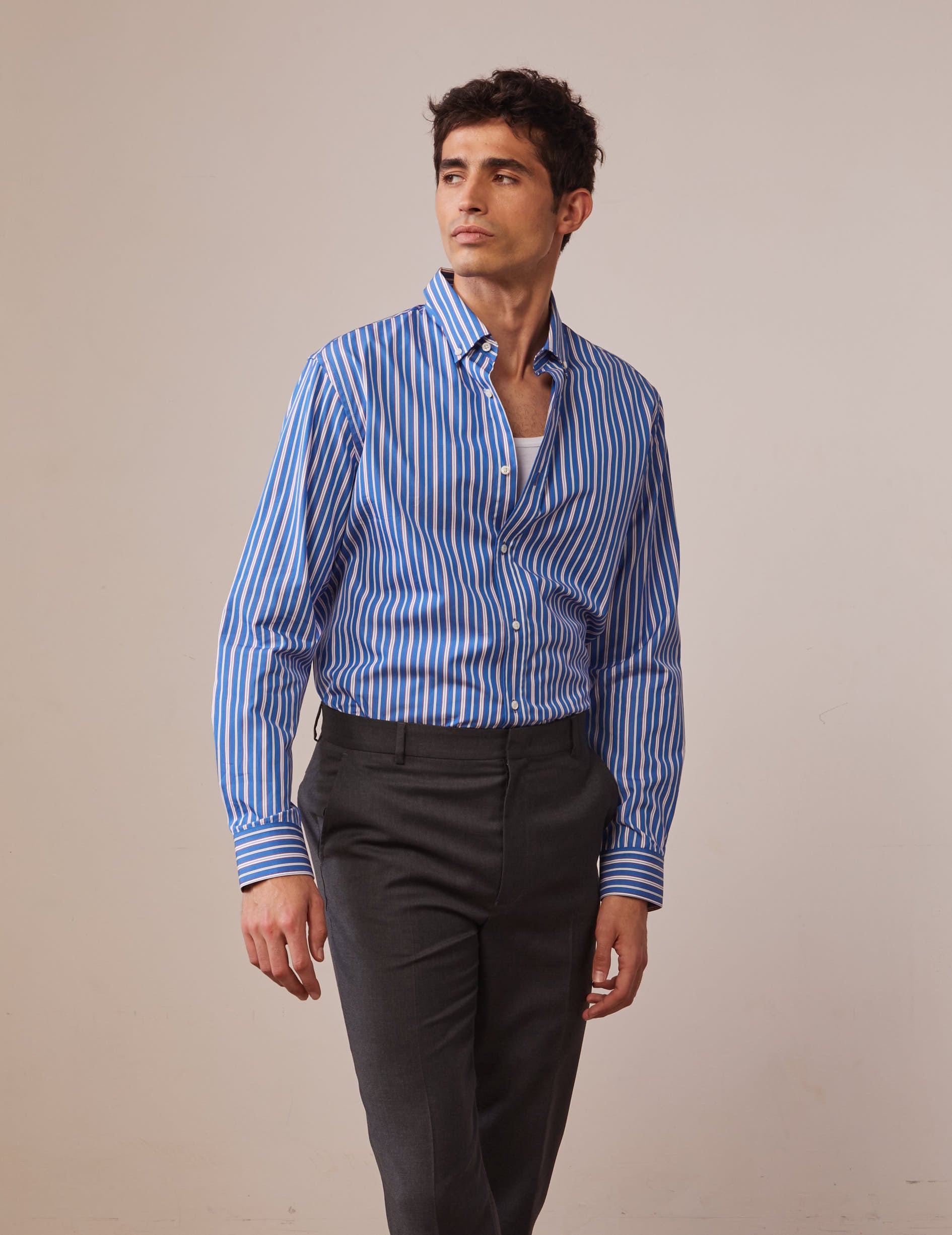 Striped blue semi-fitted shirt - Poplin - American Collar