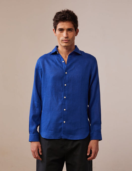 Aristotle shirt in blue linen - Linen - Italian Collar