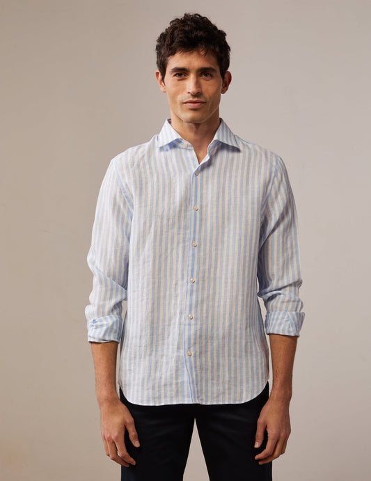 Striped light blue Aristote shirt - Linen - Italian Collar