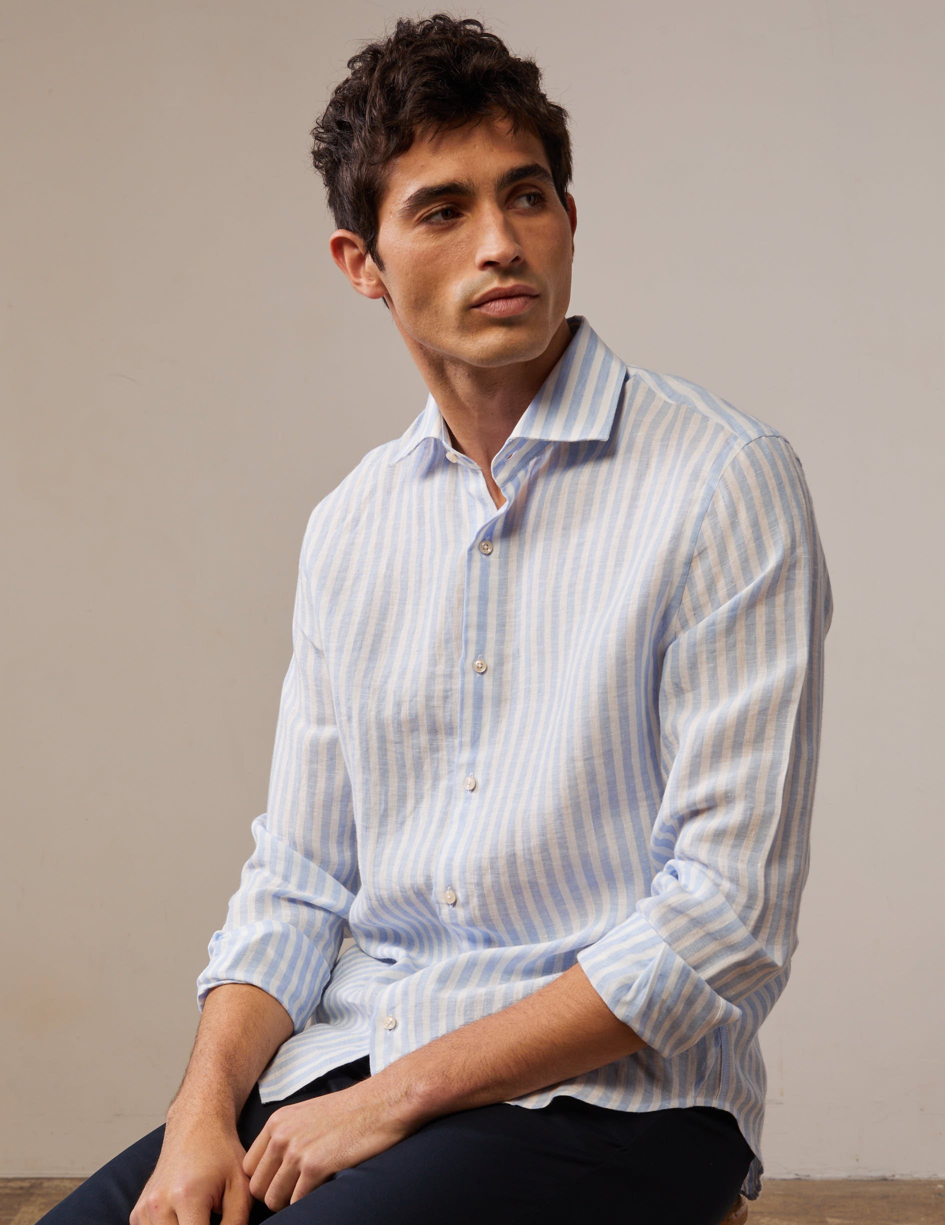 Aristote striped shirt in light blue linen - Linen - Italian Collar