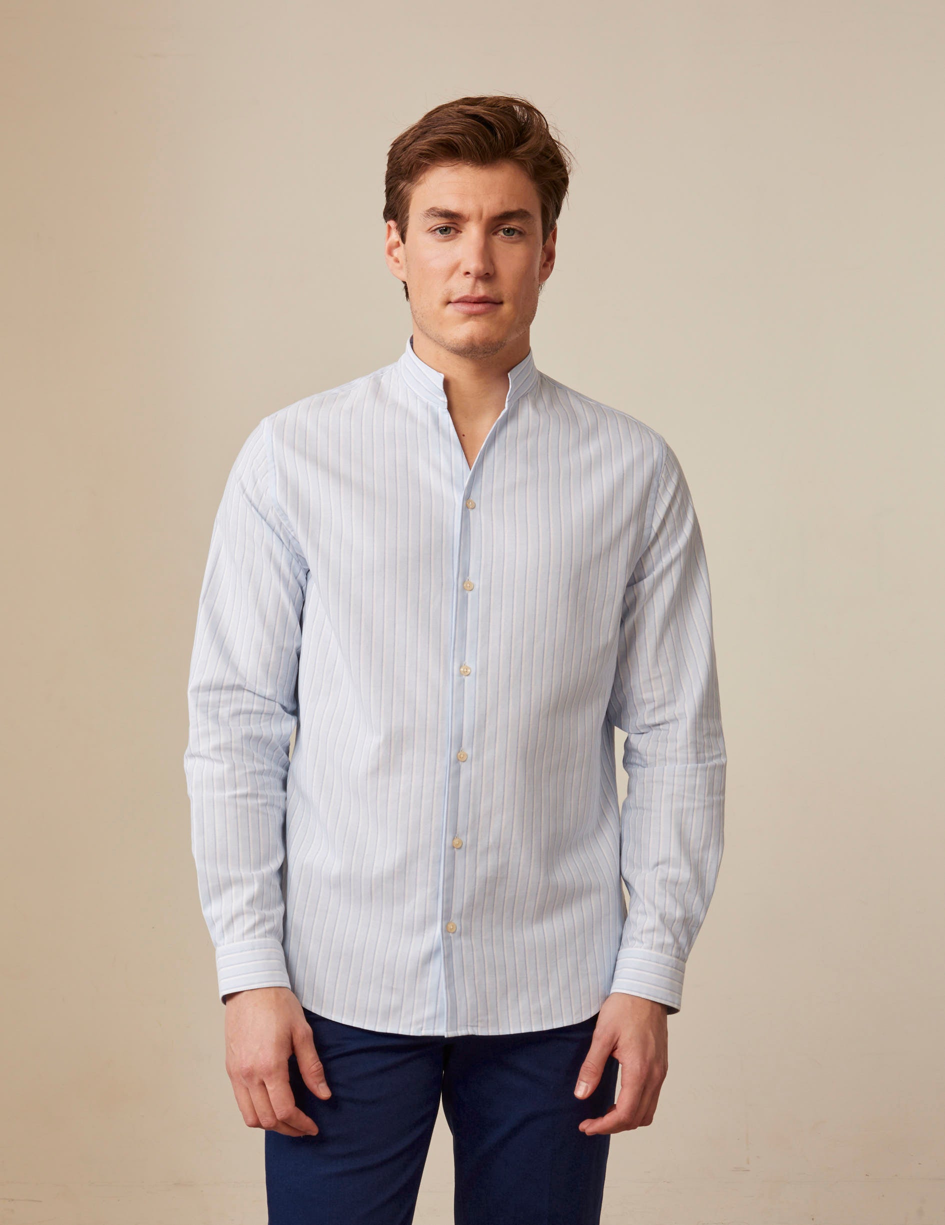 Striped light blue Carl shirt - Oxford - Open Straight Collar