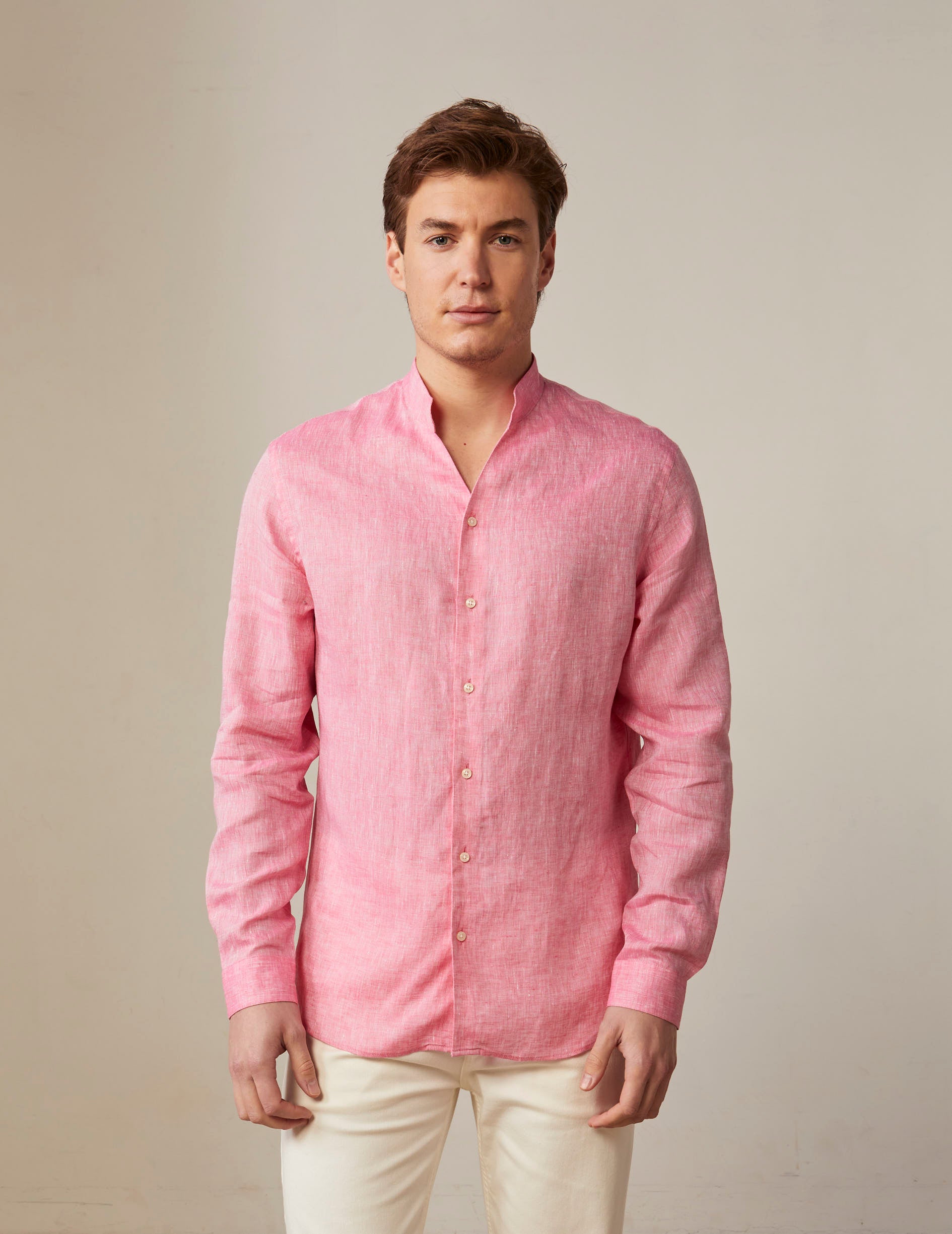 Pink linen Carl shirt - Linen - Open Straight Collar