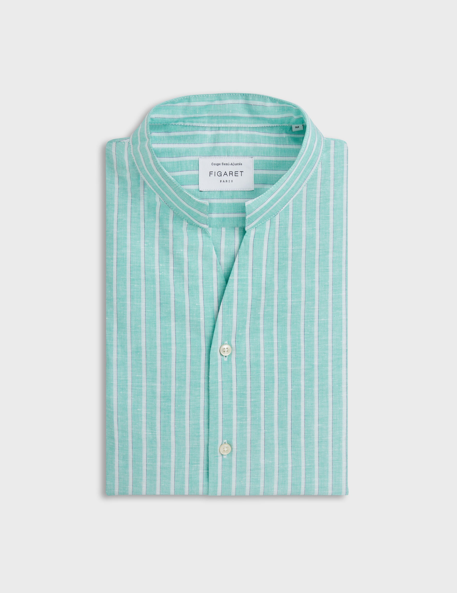 Carl striped shirt in light green linen - Linen - Open straight Collar