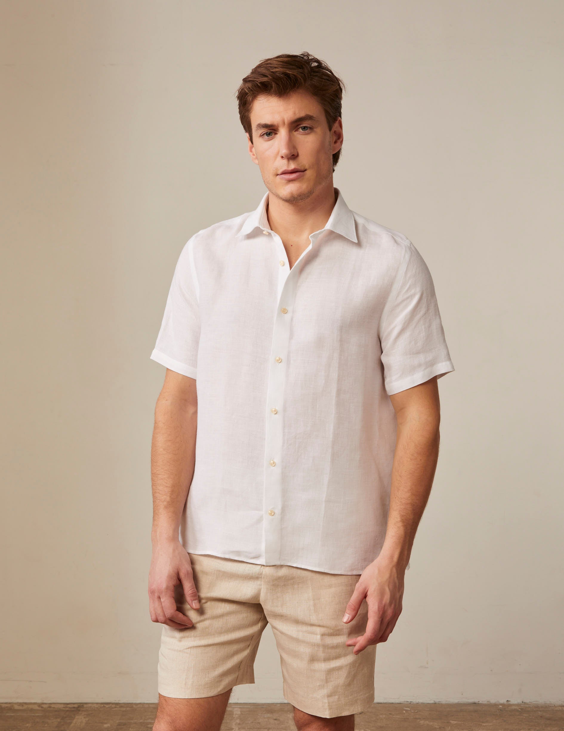 Dante short-sleeved white linen shirt - Linen - French Collar