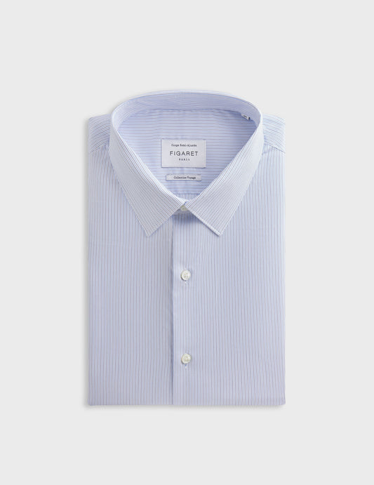 Striped blue semi-fitted shirt - Twill - Figaret Collar