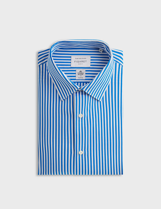 Striped blue semi-fitted shirt - Poplin - Figaret Collar