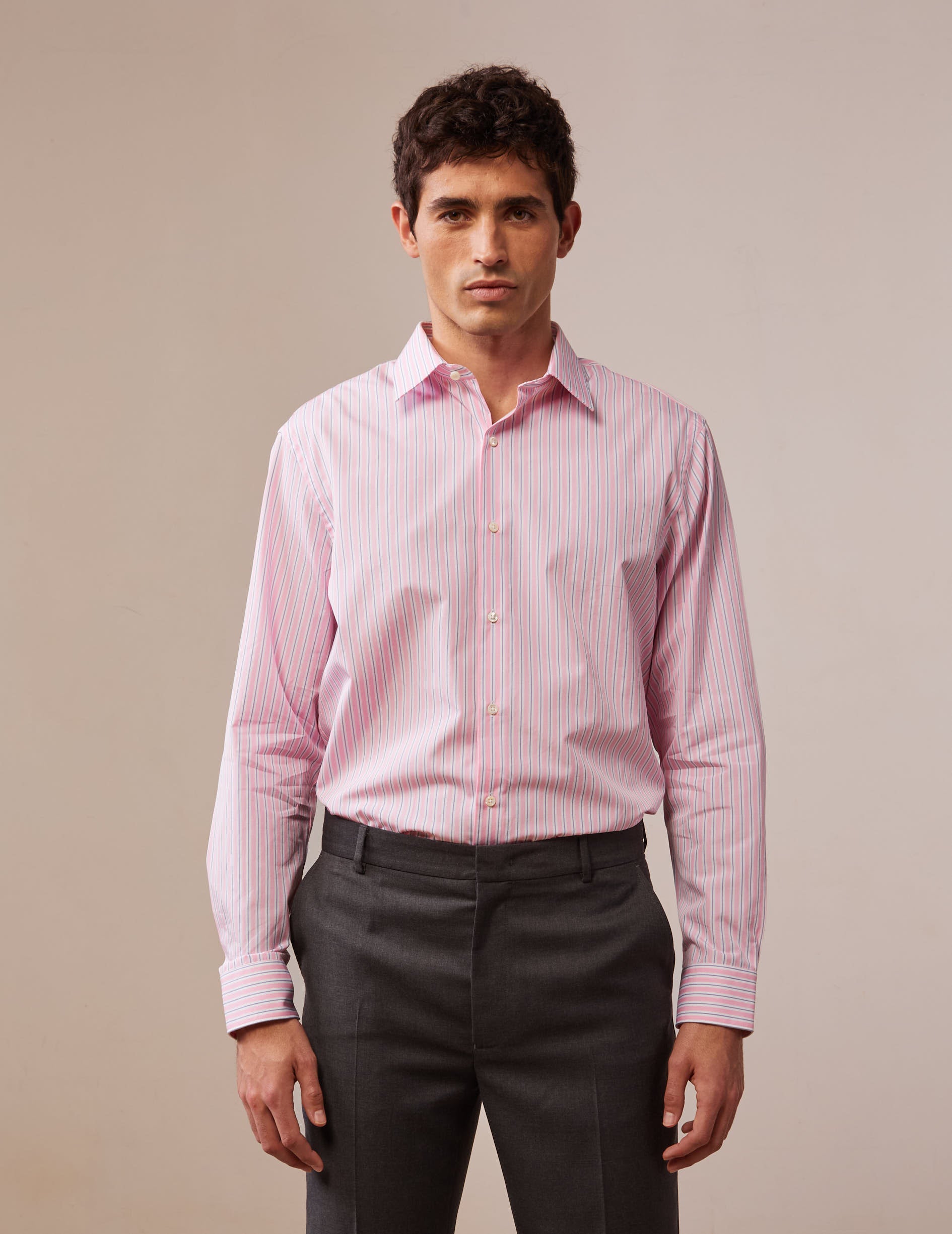 Striped pink semi-fitted shirt - Poplin - Figaret Collar