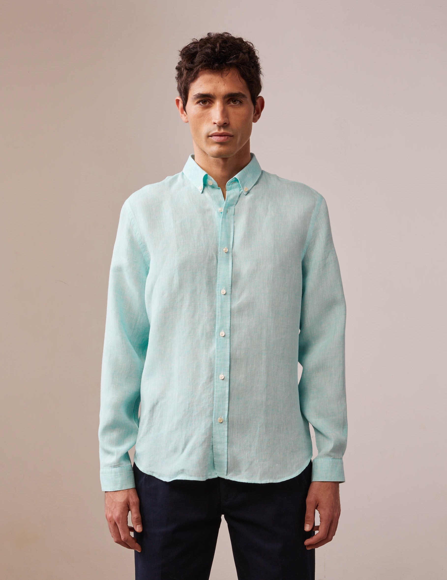 Gaspard shirt in turquoise green linen - Linen - American Collar