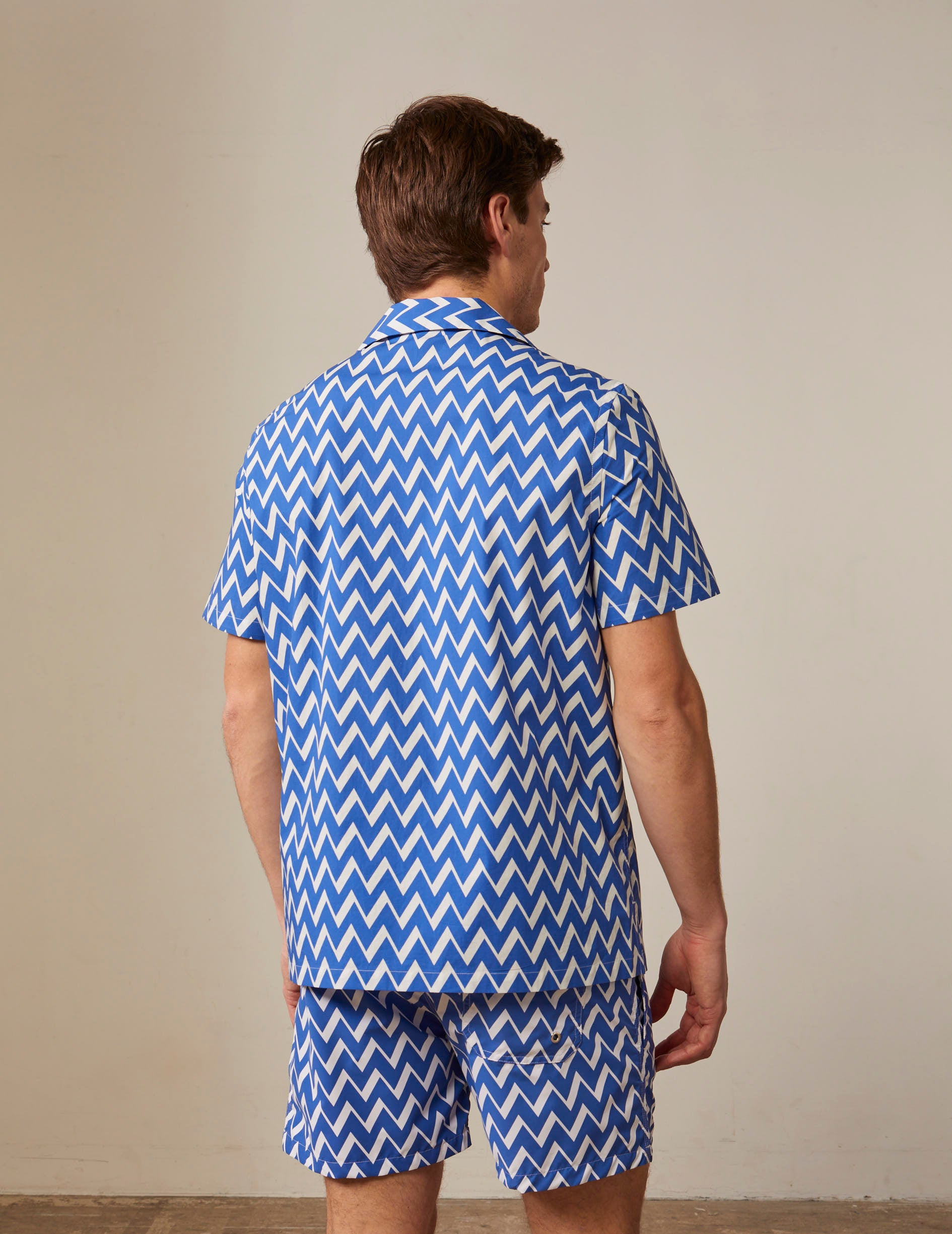 Chemise Hilann manches courtes imprimée bleue - Popeline - Col Pyjama