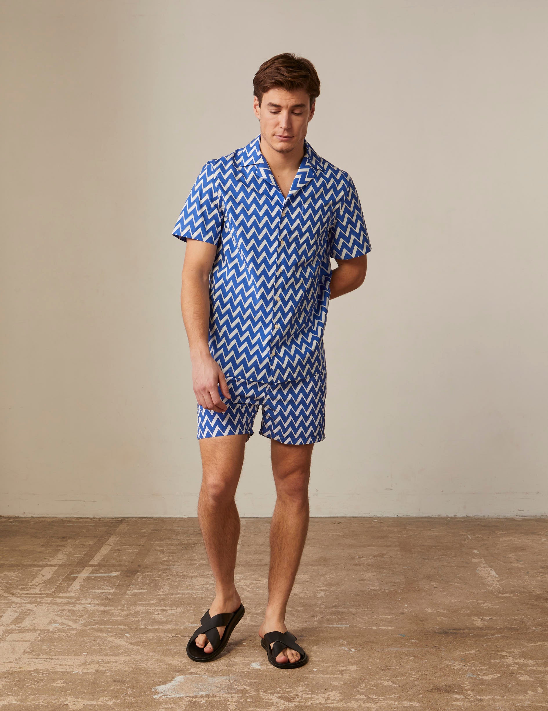 Chemise Hilann manches courtes imprimée bleue - Popeline - Col Pyjama