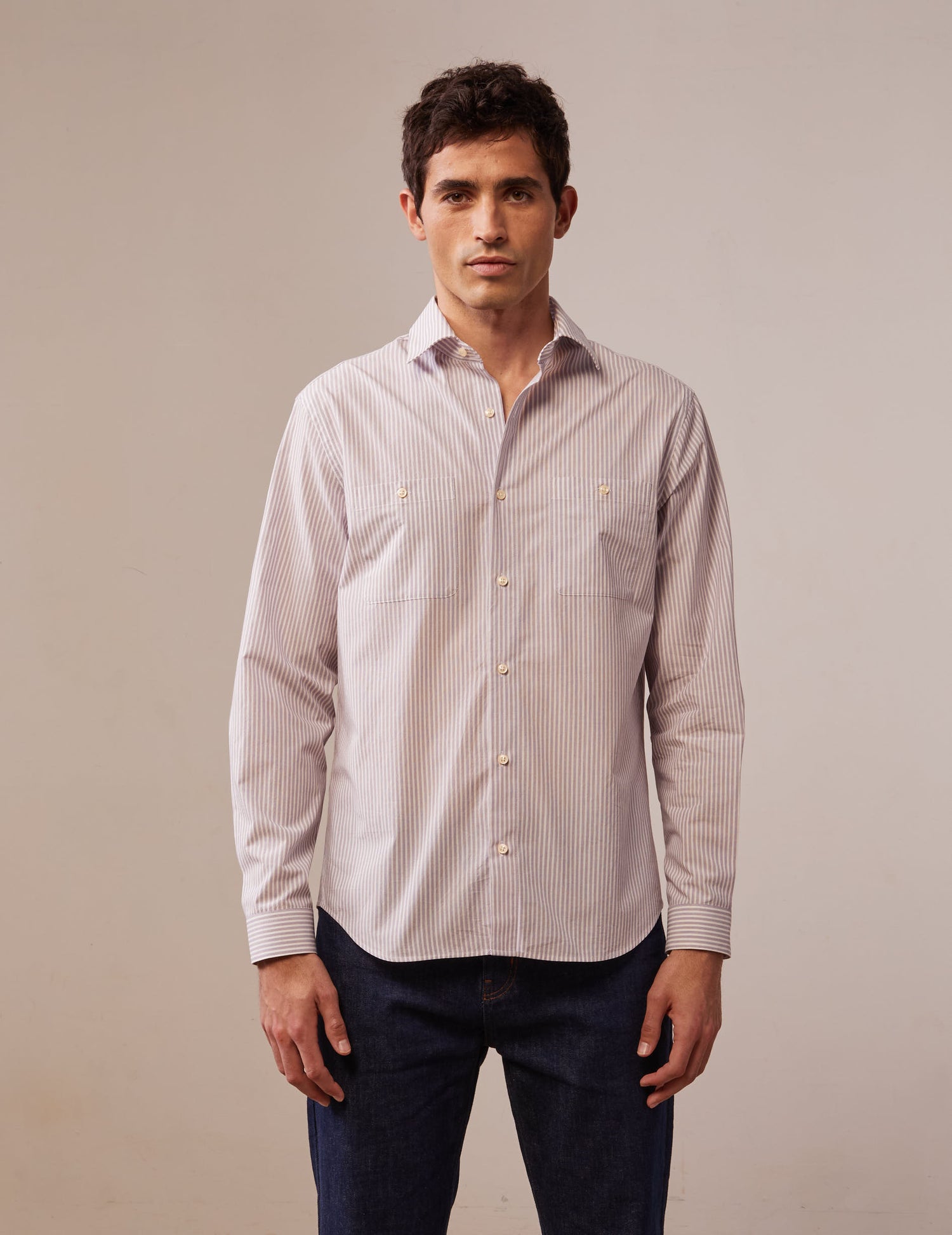 Chemise Léonard rayée violette - Popeline - Col Français#2