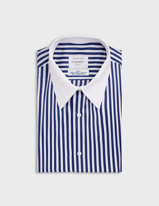 Chemise semi-ajustée rayée bleu marine - Popeline - Col Majestueux