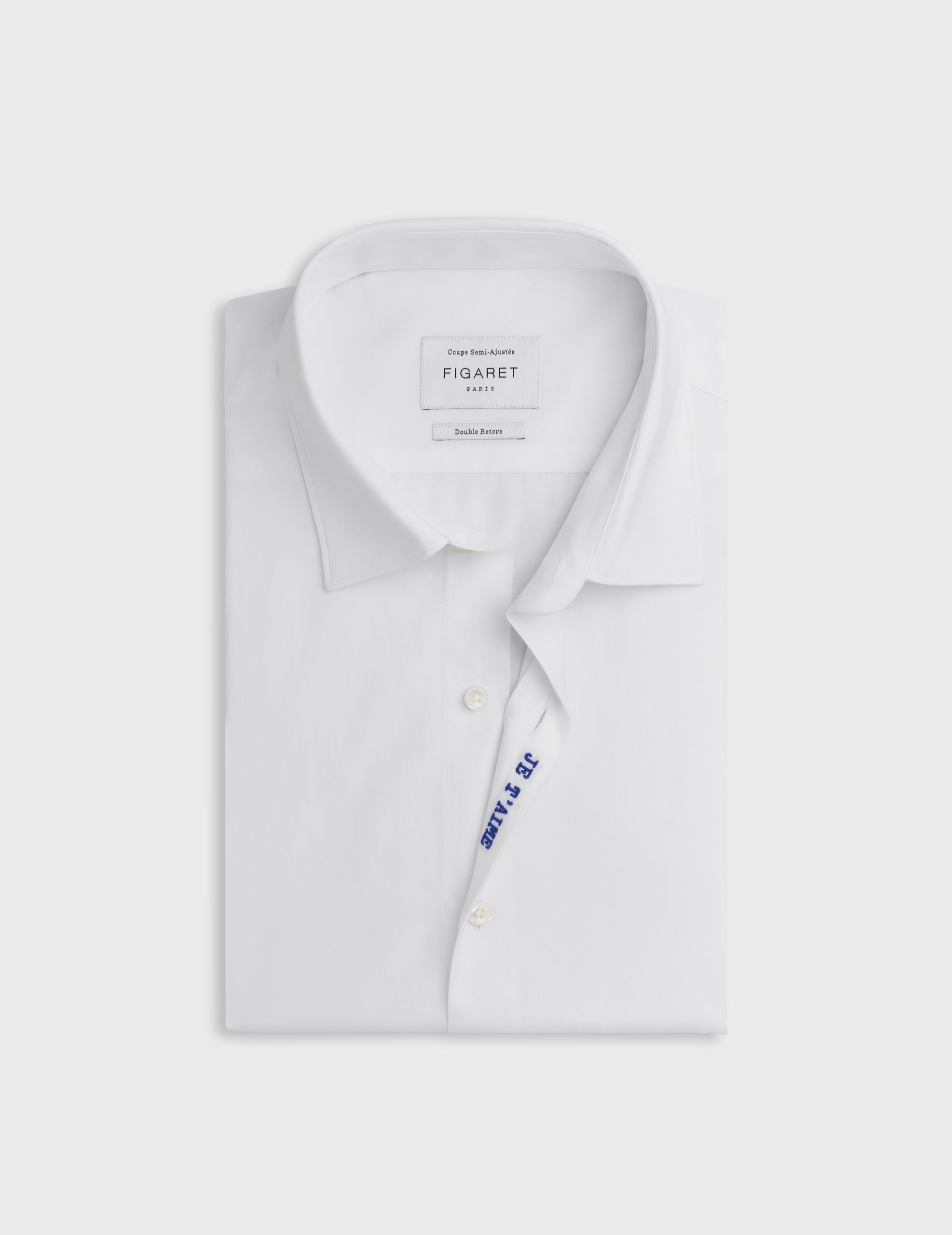 White "Je t'aime" shirt with blue embroidery - Poplin - Figaret Collar
