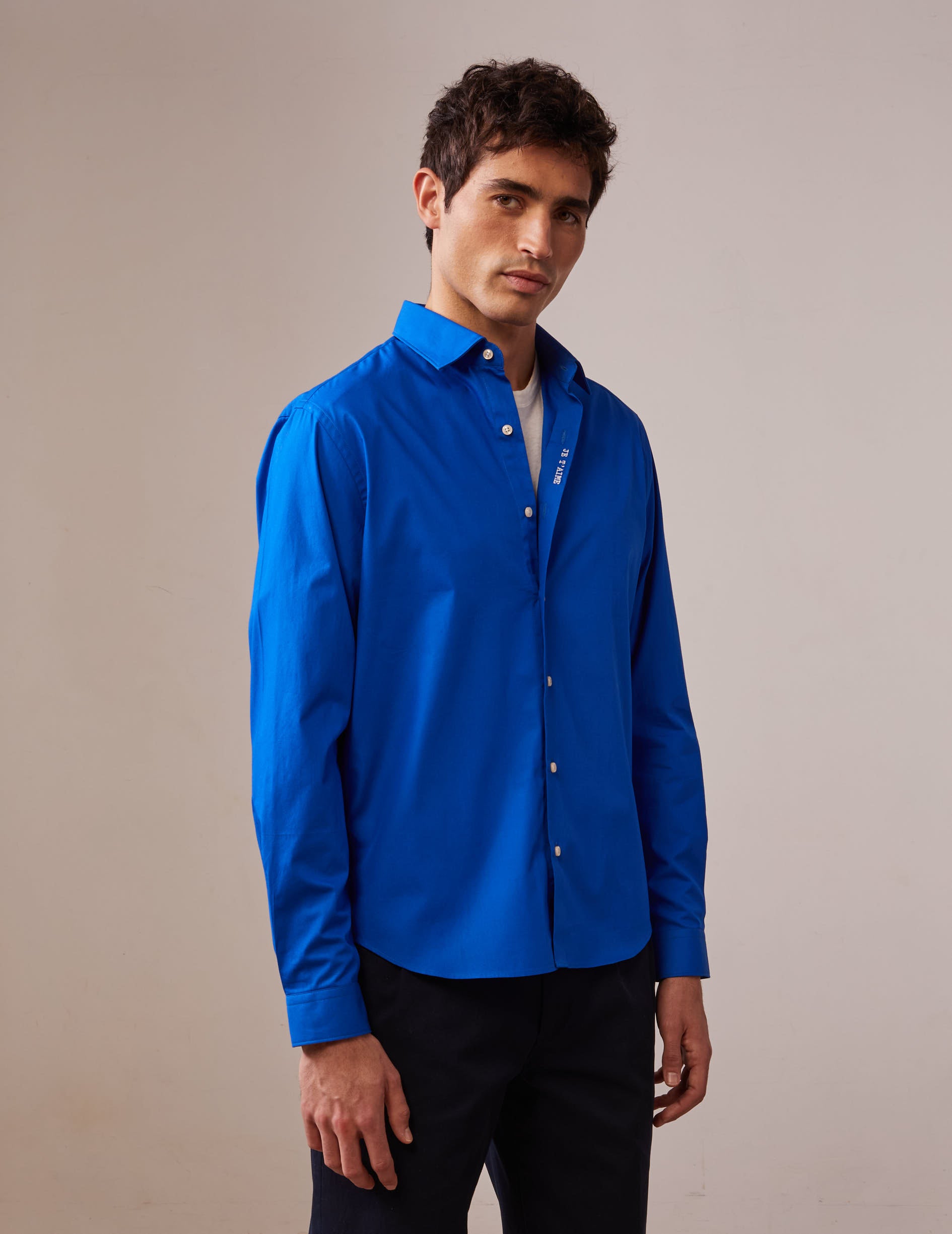 Blue "Je t'aime" shirt with white embroidery - Poplin - Figaret Collar