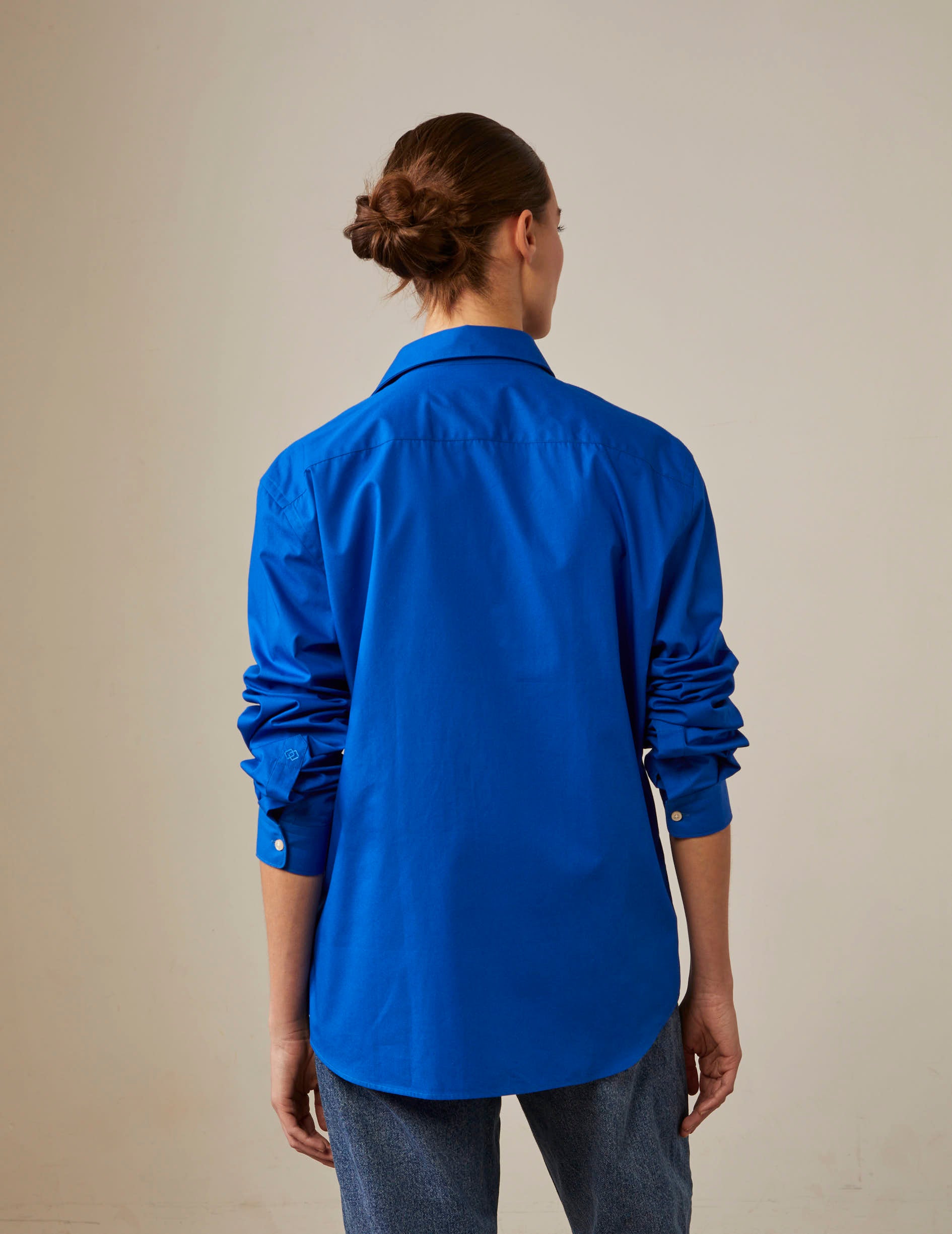 Blue "Je t'aime" shirt with white embroidery - Poplin - Figaret Collar