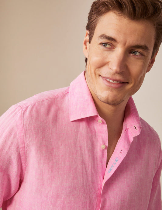 Chemise mixte "Je t'aime" en lin rose brodée bleu - Lin - Col Figaret