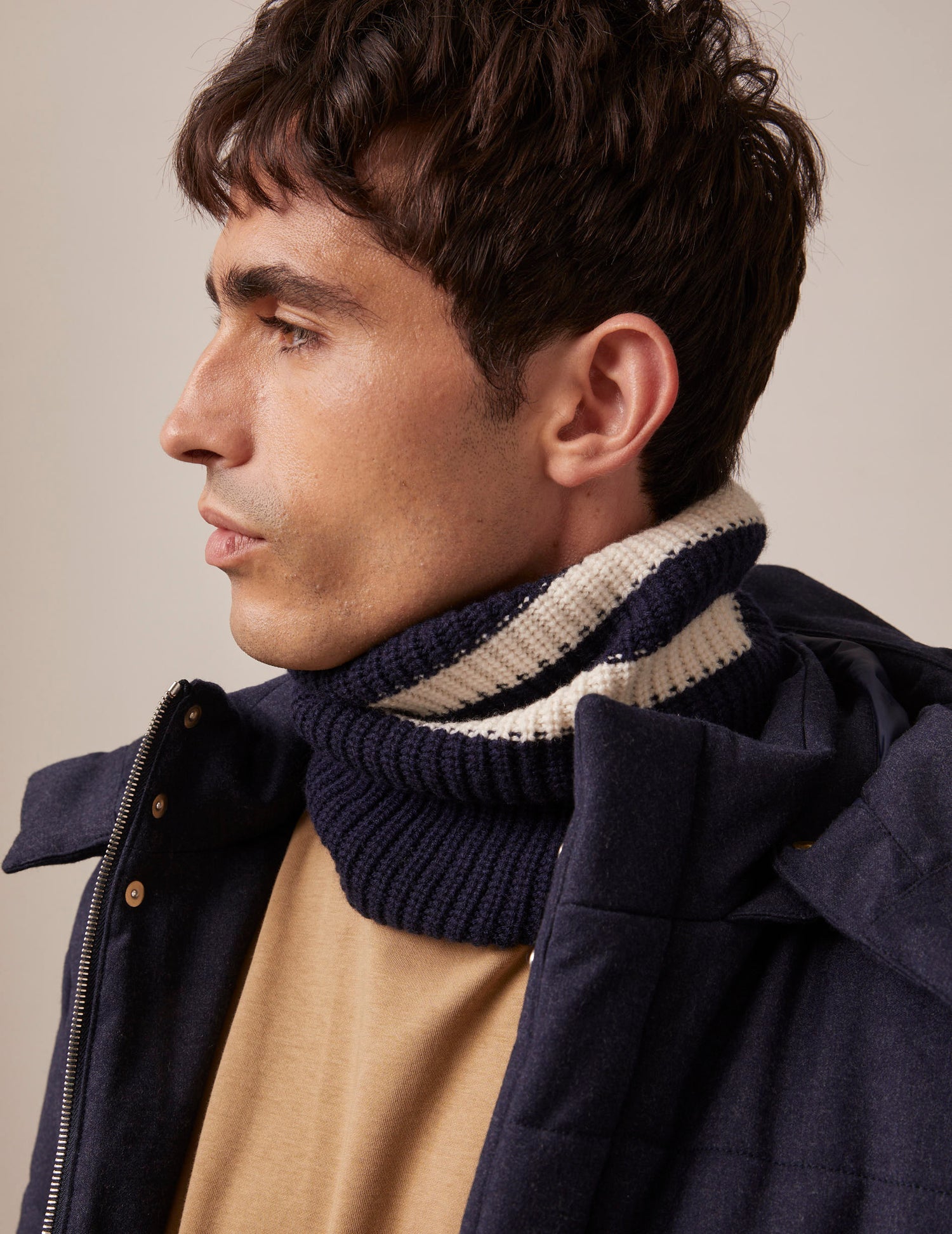 Navy and ecru knit and cashmere neck warmer