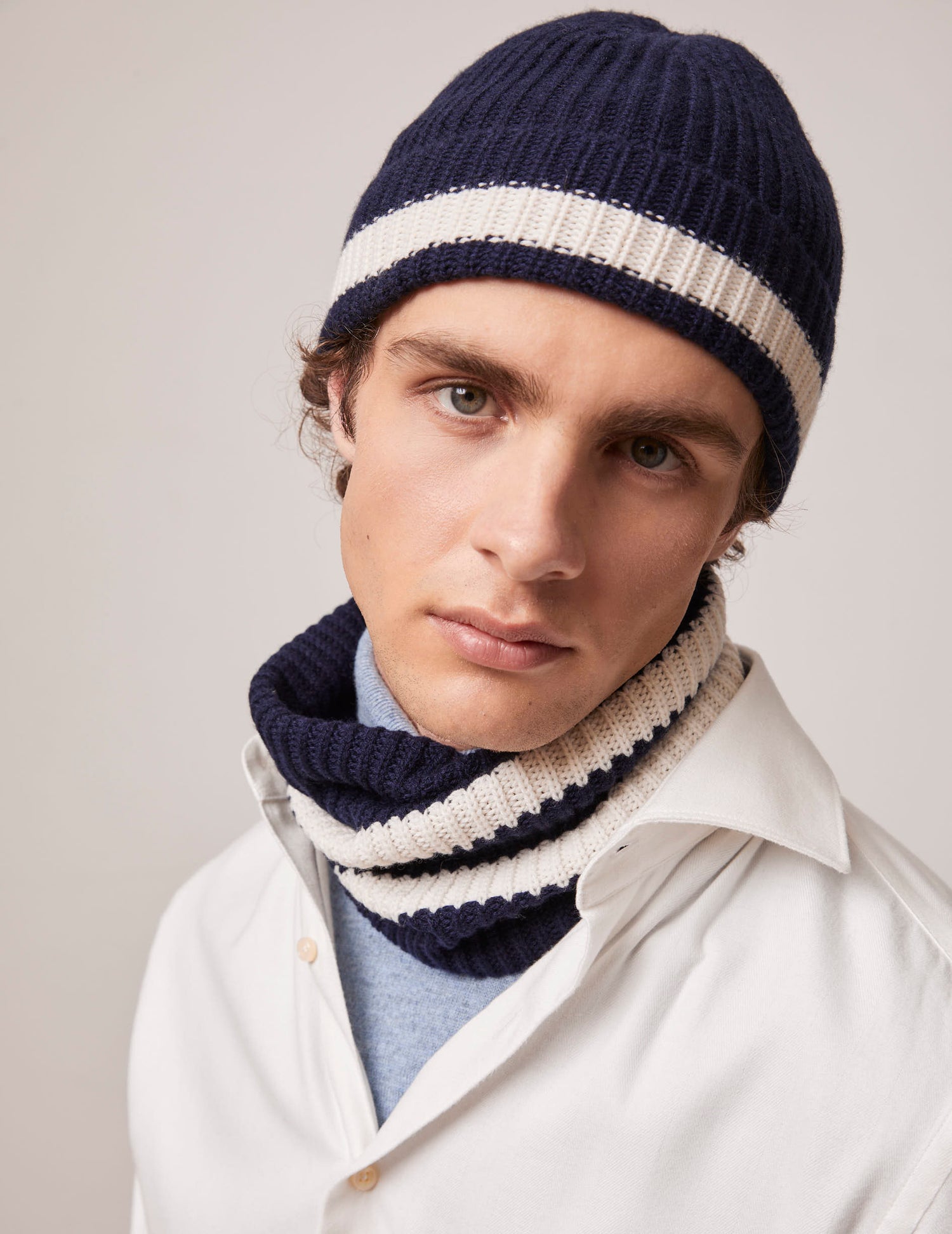 Navy and ecru knit and cashmere neck warmer