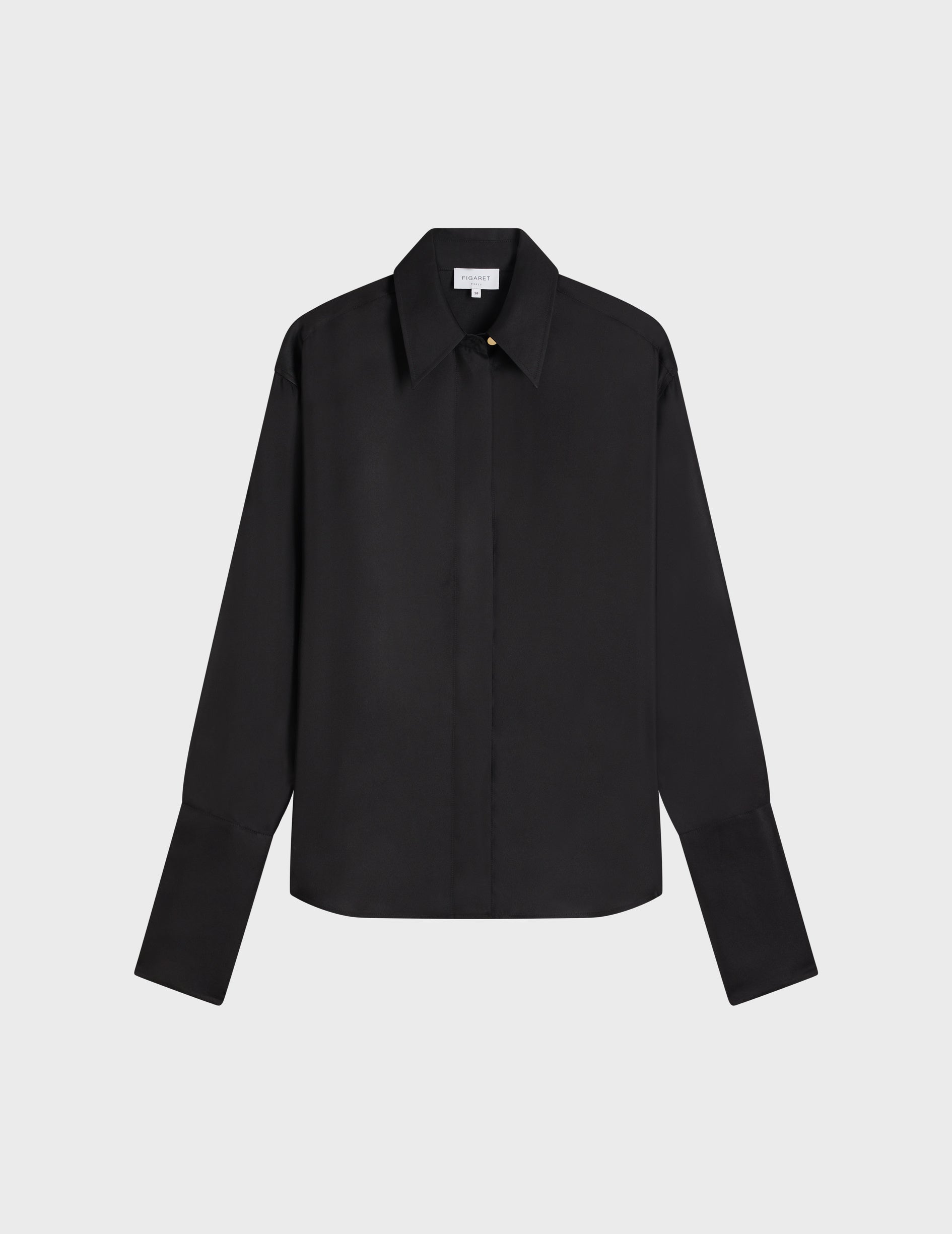 Black hidden button placket Irisa shirt - Silk - Long Collar - Musketeers Cuffs