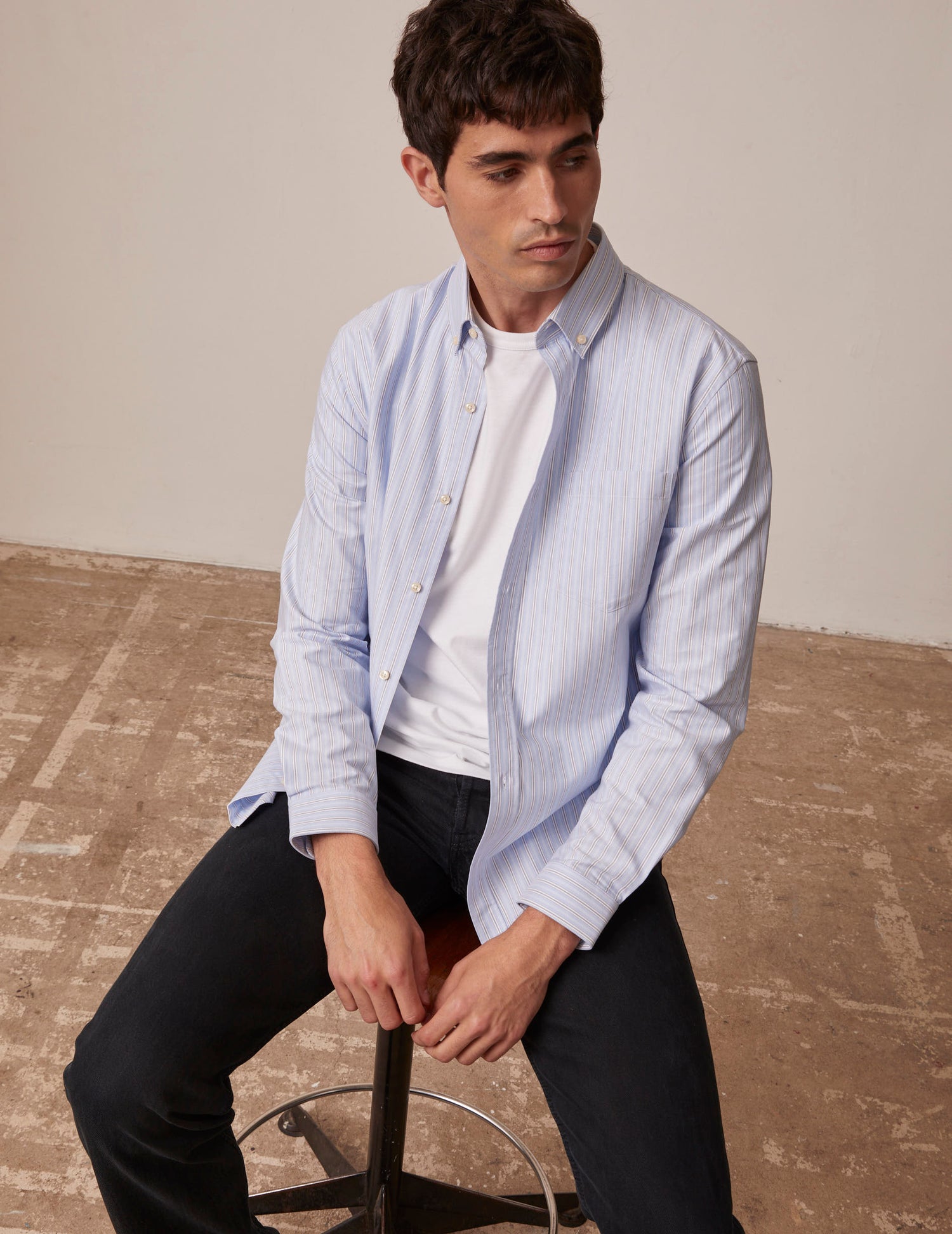 Chemise Gabriel rayée bleue - Oxford gratté - Col Américain#2