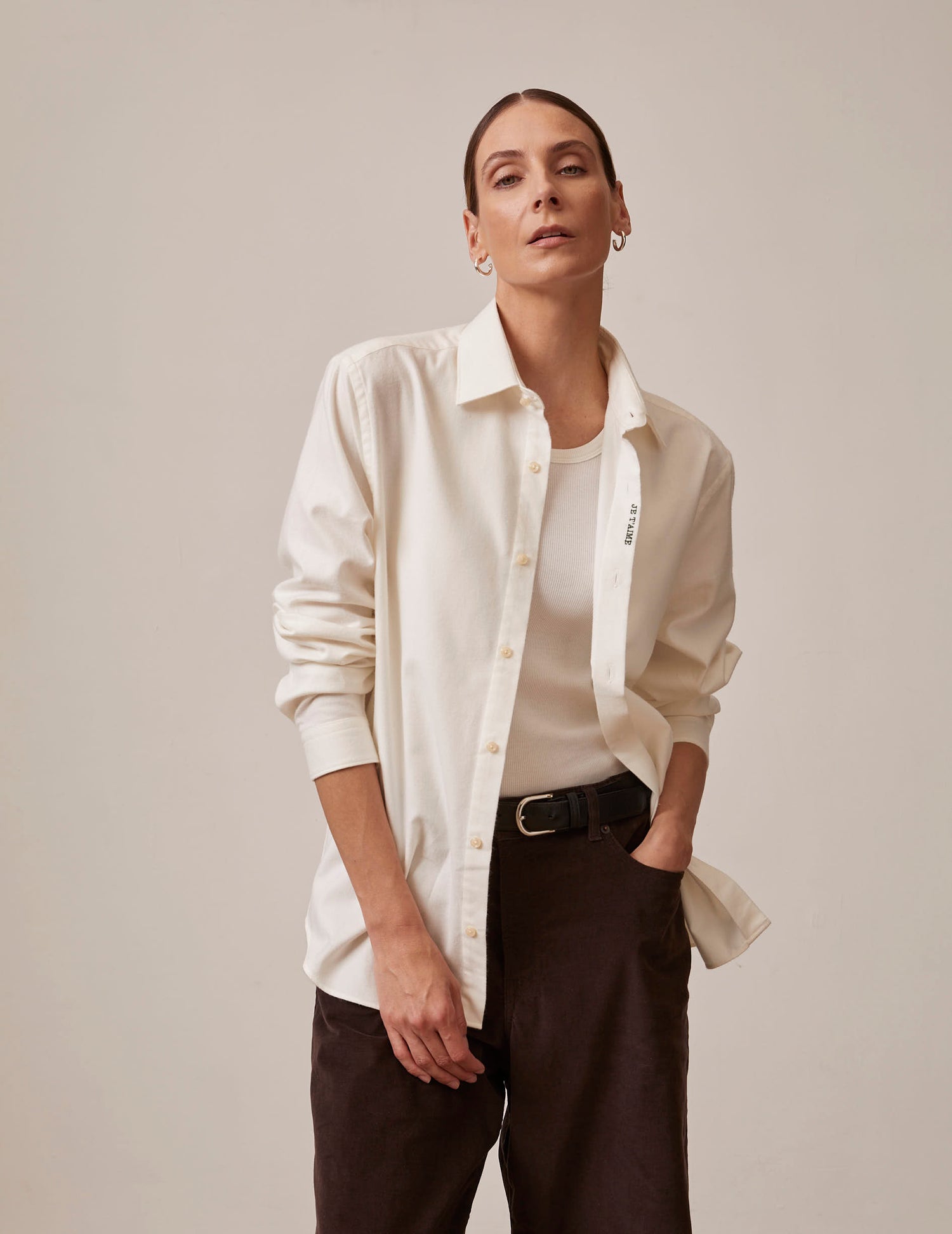 Chemise mixte "Je t'aime" en coton cachemire blanche - Flanelle - Col Figaret#3