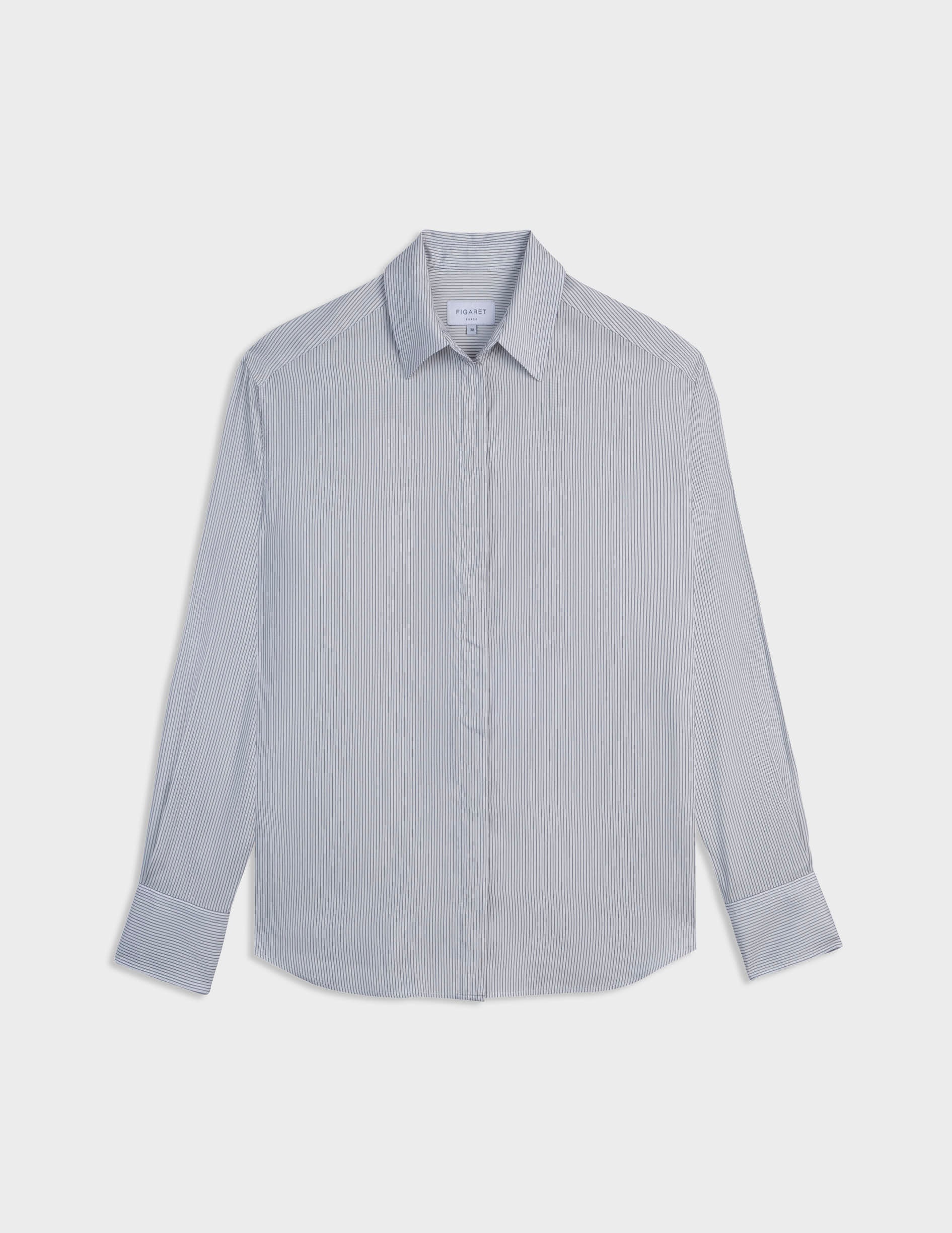 Navy blue striped silk Ambre shirt with hidden buttons placket