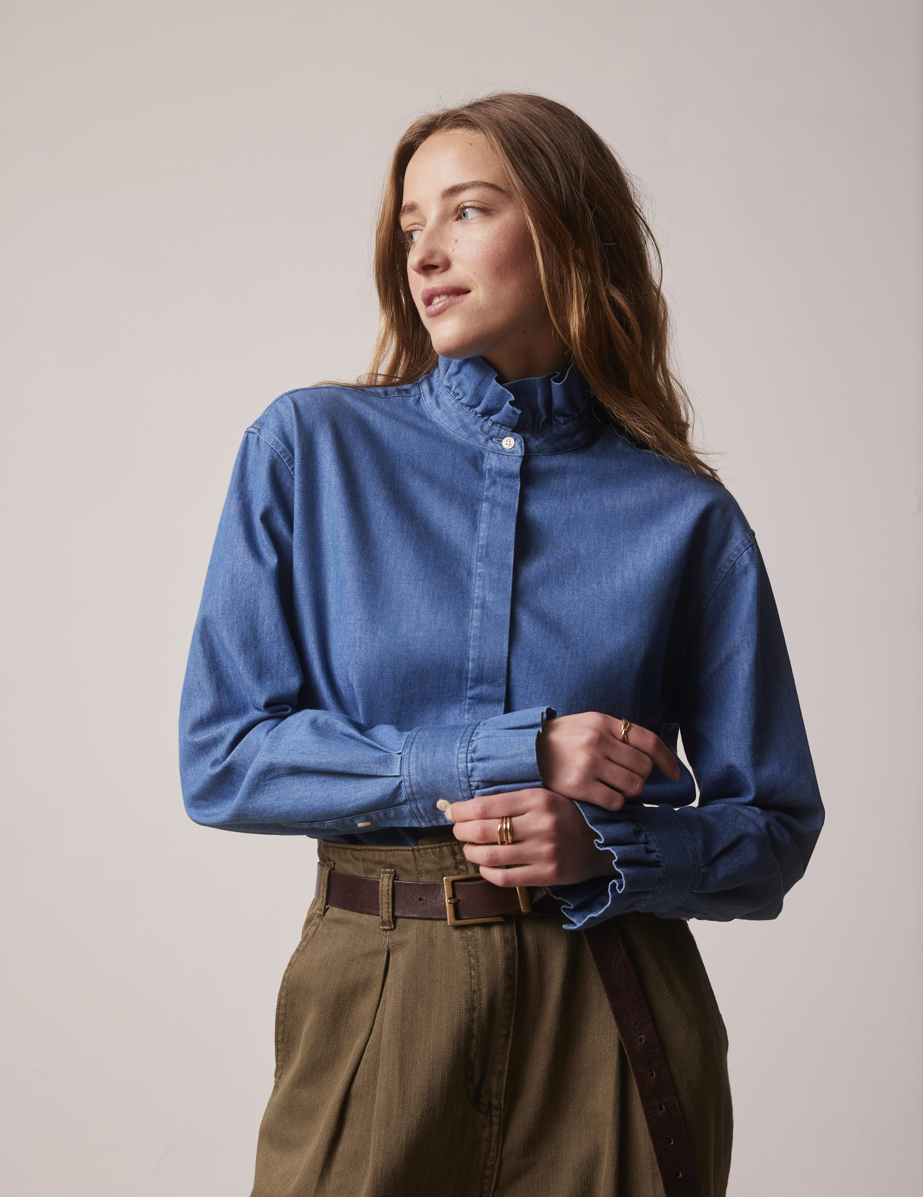 Blue denim Laurine shirt with hidden buttons placket