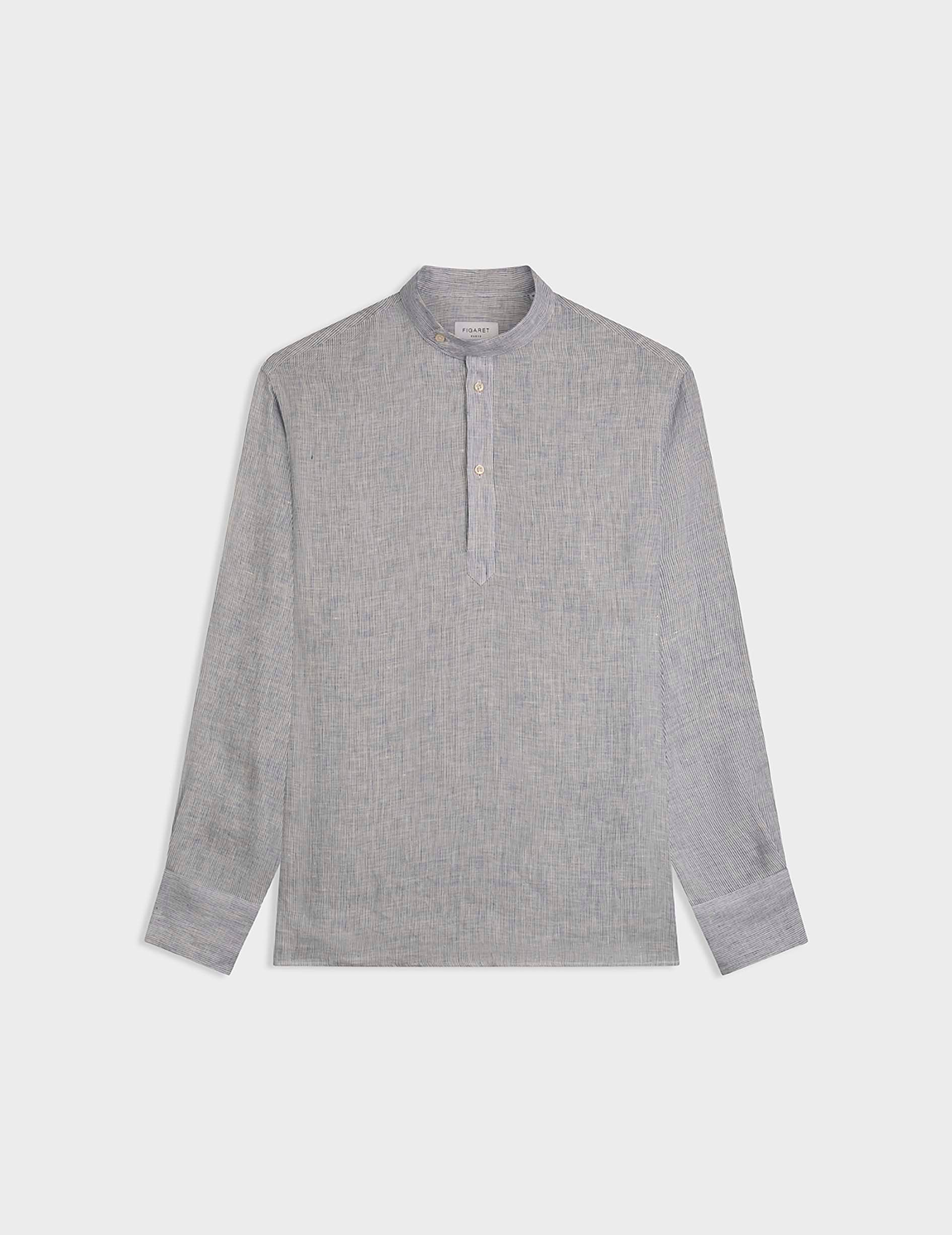 Arthur unisex popover shirt in navy blues striped linen