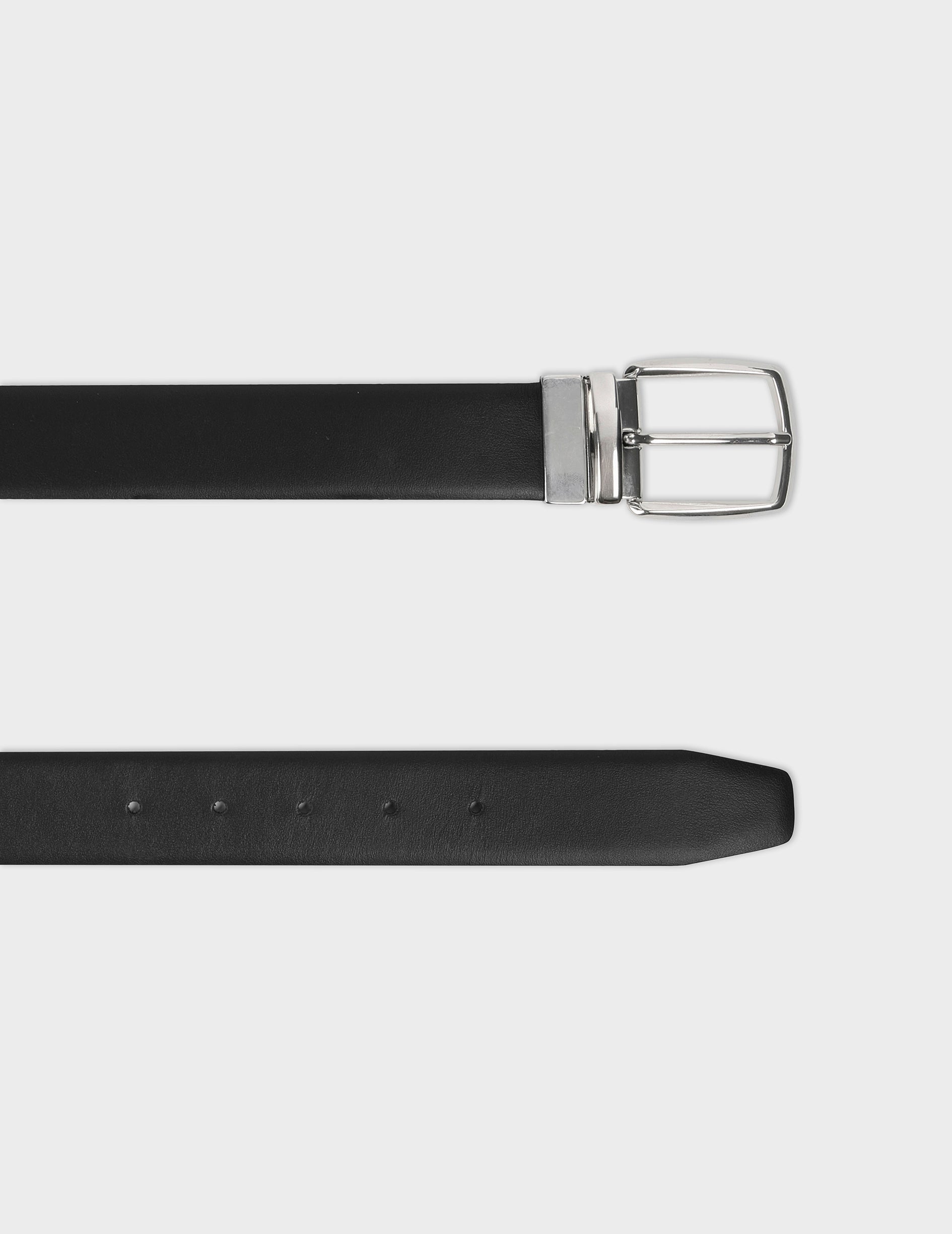 Ceinture réversible en cuir lisse noir et cuir grainé marron